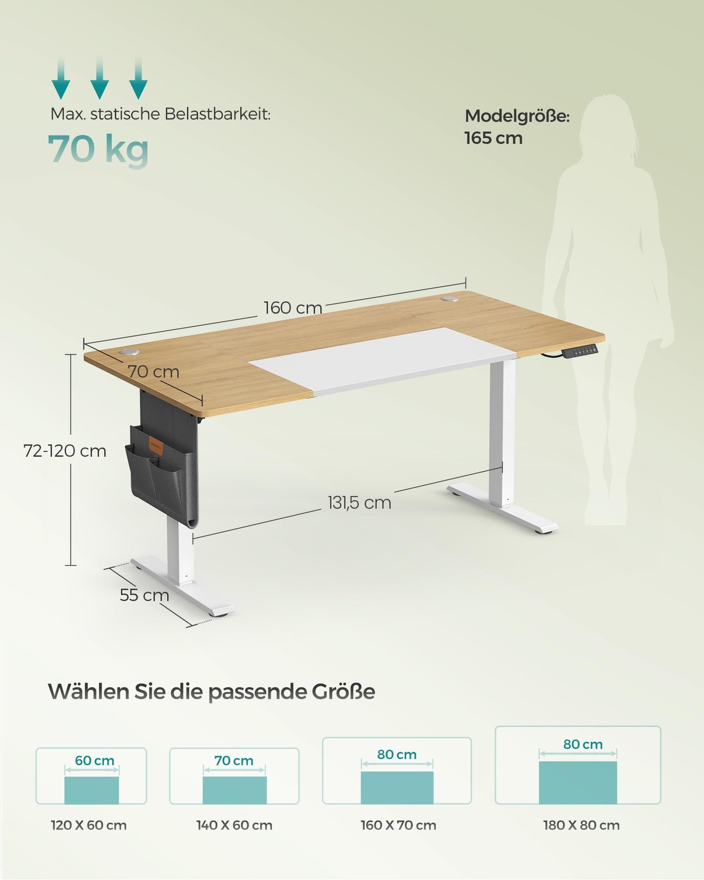 SONGMICS Electric height-adjustable desk, 160 x 70 cm, infinitely adjustable, memory function with 4 heights, natural oak color-matt white LSD026N01