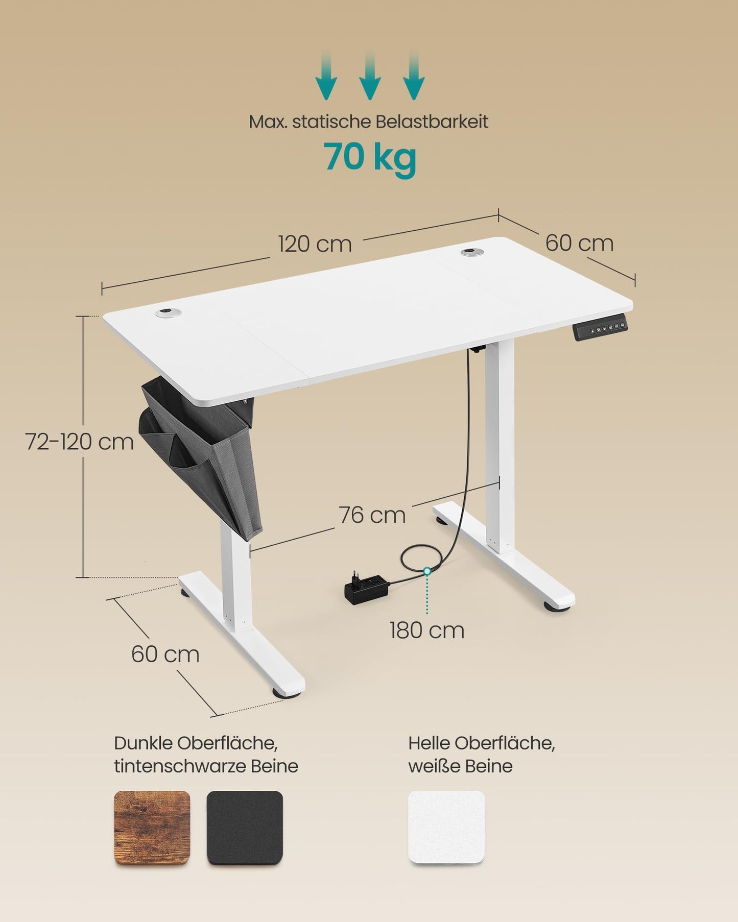 SONGMICS Height-adjustable desk electric, 120 x 60 cm, adjustable table, memory function for 4 heights, for office, cloud white LSD132W01