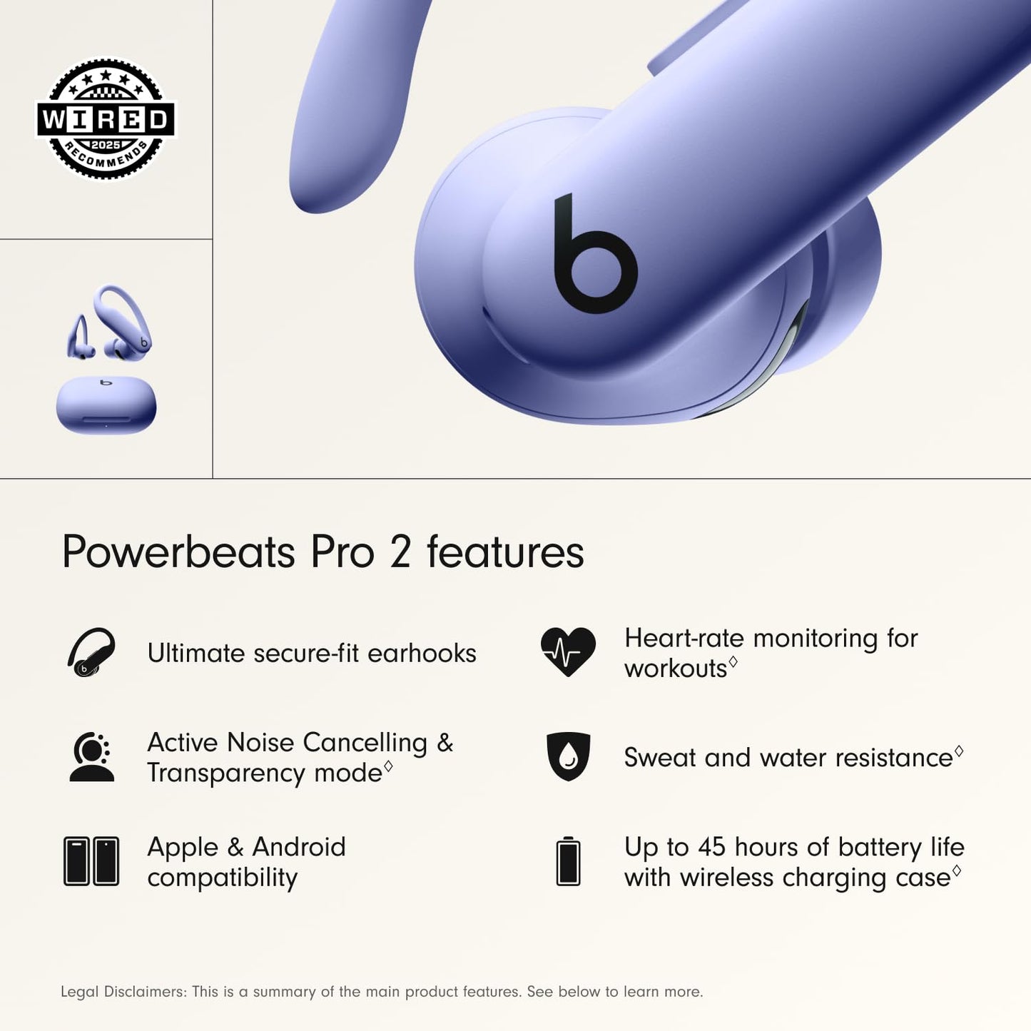 Beats Powerbeats Pro 2 wireless in-ear headphones with Bluetooth - active noise cancellation, heart rate measurement, IPX4, up to 45H with charging case, compatible with Apple & Android - Hyperviolet - MX753ZM/A