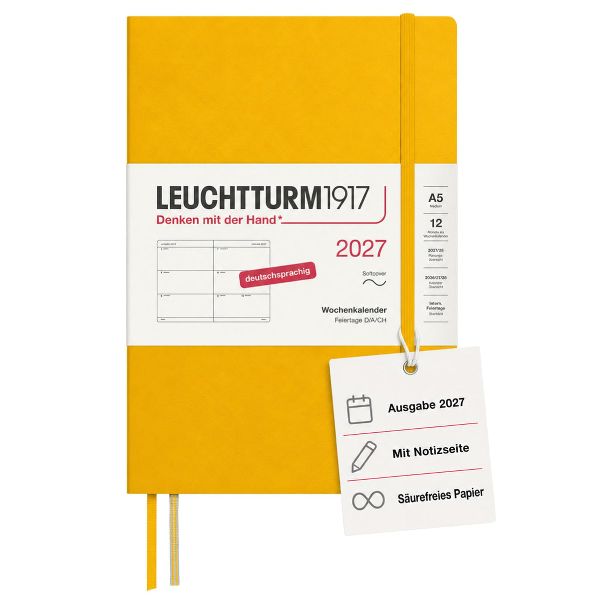 LEUCHTTURM1917 Calendar săptămânal 2027 Mediu (A5) - Germană, Floarea-soarelui, Copertă moale, 145 x 210 mm, 12 luni - ianuarie-decembrie 2027, 1 săptămână pe pagină dublă, hârtie de 80 g/m² cu compatibilitate ridicată cu cerneală - 400129