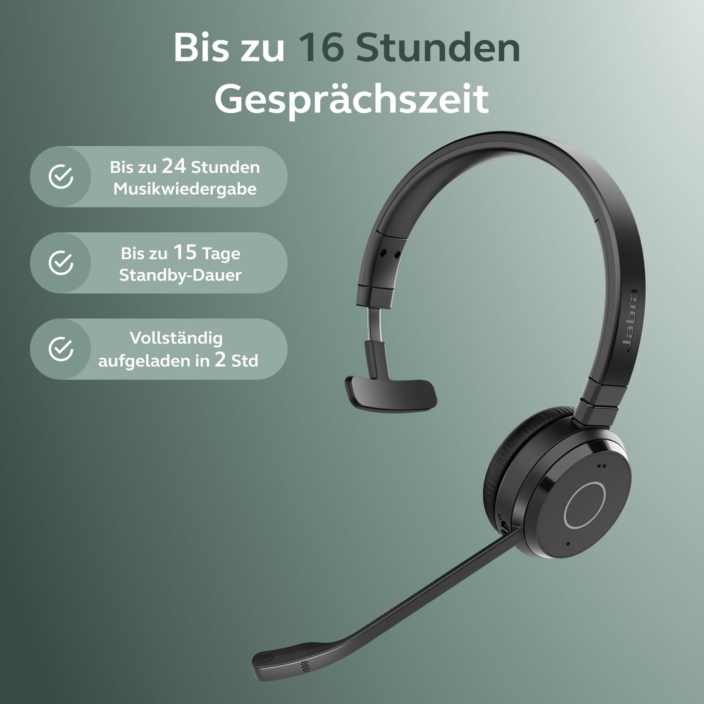 Jabra Evolve 65 TE (3rd Edition 2025) Wireless Bluetooth mono headset with microphone, connection for 2 devices, 16 hours of battery life, noise cancellation, USB-A adapter, MS Teams, black - 6693-833-309