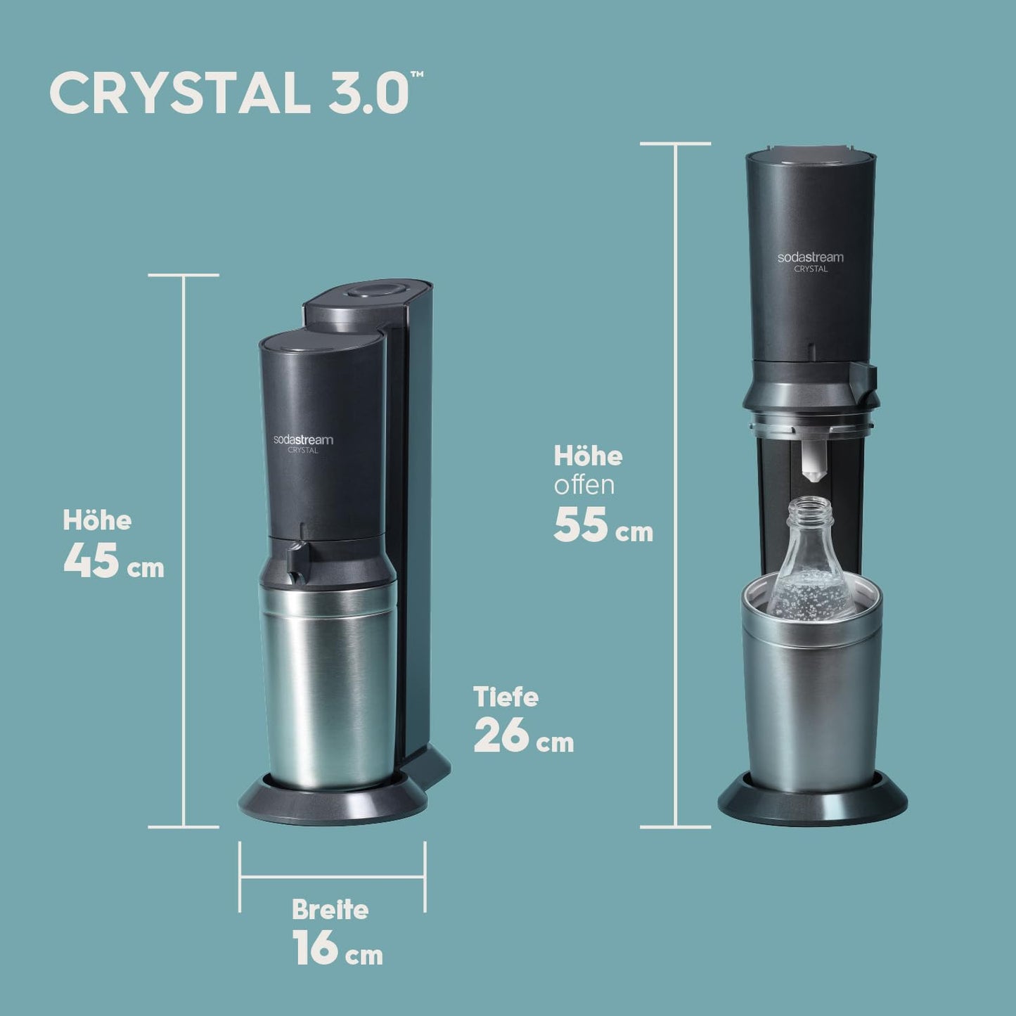 SodaStream Crystal 3.0 Wassersprudler mit Glaskaraffe, Sprudelwasser-Maschine mit Quick-Connect CO2-Zylinder, inkl. 2 spülmaschinenfesten Glaskaraffen je 0,7 L, Grau - 1100462490