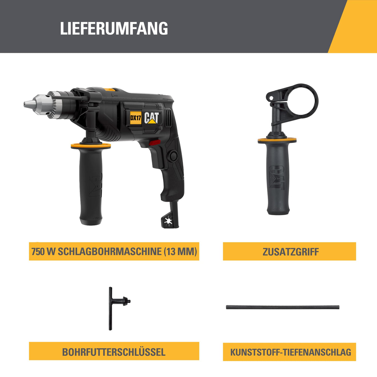 CAT DX17 Impact Drill, 13 mm, 750W, 3000 RPM speed, 48,000 BPM impact rate, variable speed control, (includes depth stop, additional handle, and chuck key)