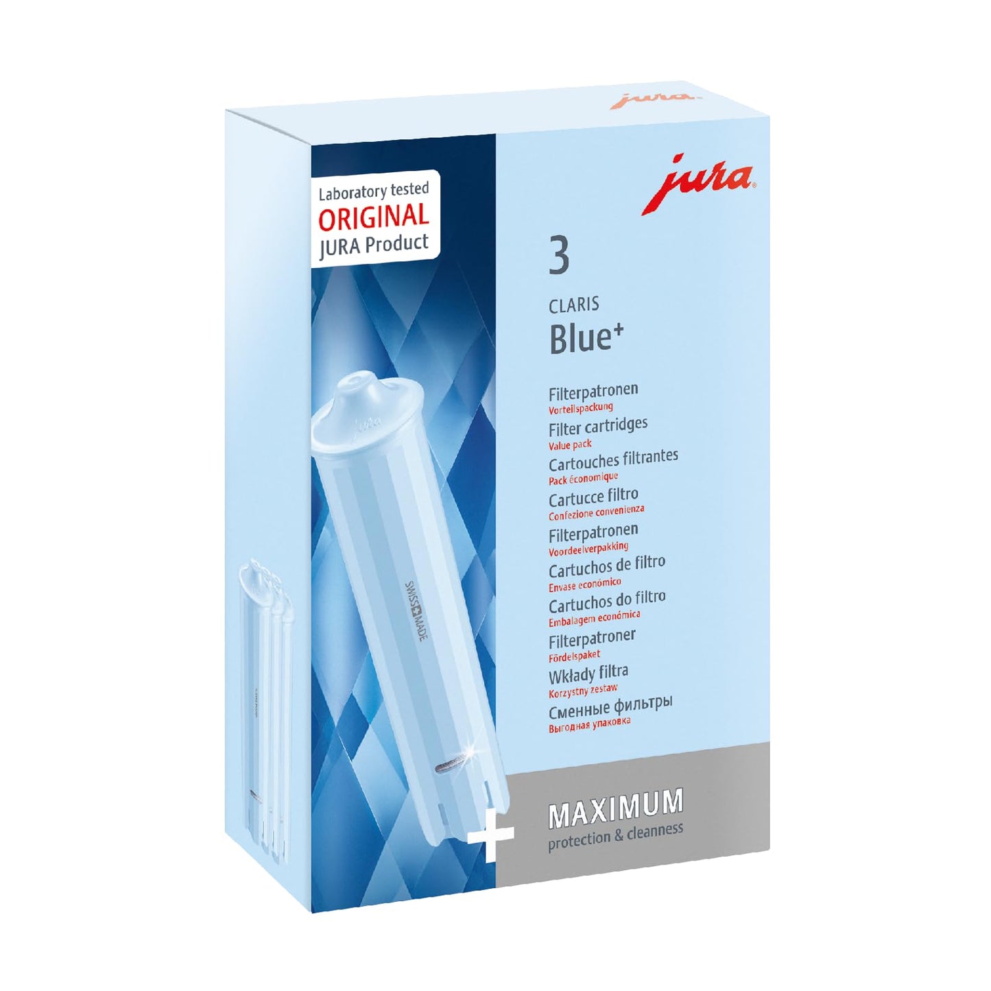 JURA original - CLARIS Blue+ filter cartridge with added hygiene - TÜV-certified hygiene - pack of 3 - 24231