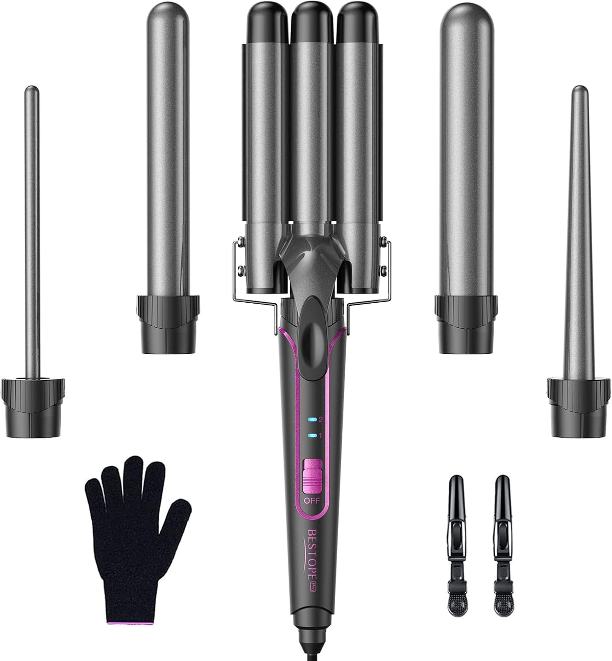 BESTOPE PRO curling iron curling iron 3 barrels wave iron 5 in 1 - curling iron set 3 barrels for large waves, temperature setting, quick heating and a glove, 2 clips, gray - MD-J18
