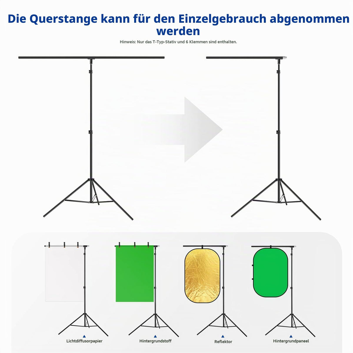 NEEWER T-Shape Background Support Stand Set, 2.6m high, adjustable tripod stand and 5 feet/1.5m wide crossbars with 6 spring clamps and 1 carrying bag for studio photo video photography. - 10100024