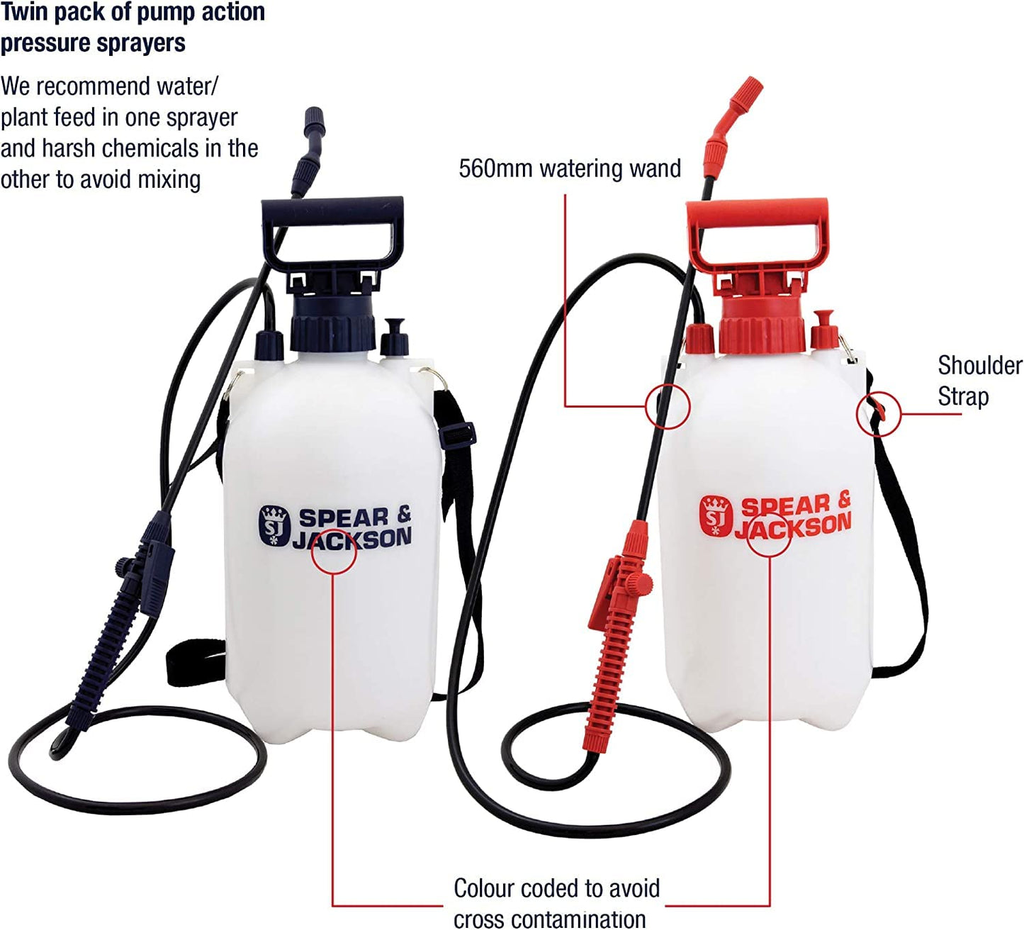 Spear & Jackson 5LPAPSTWIN 5 liter pressure sprayers double pack, pump sprayer for garden, weed killer and liquid fertilizer, adjustable nozzle with shoulder straps
