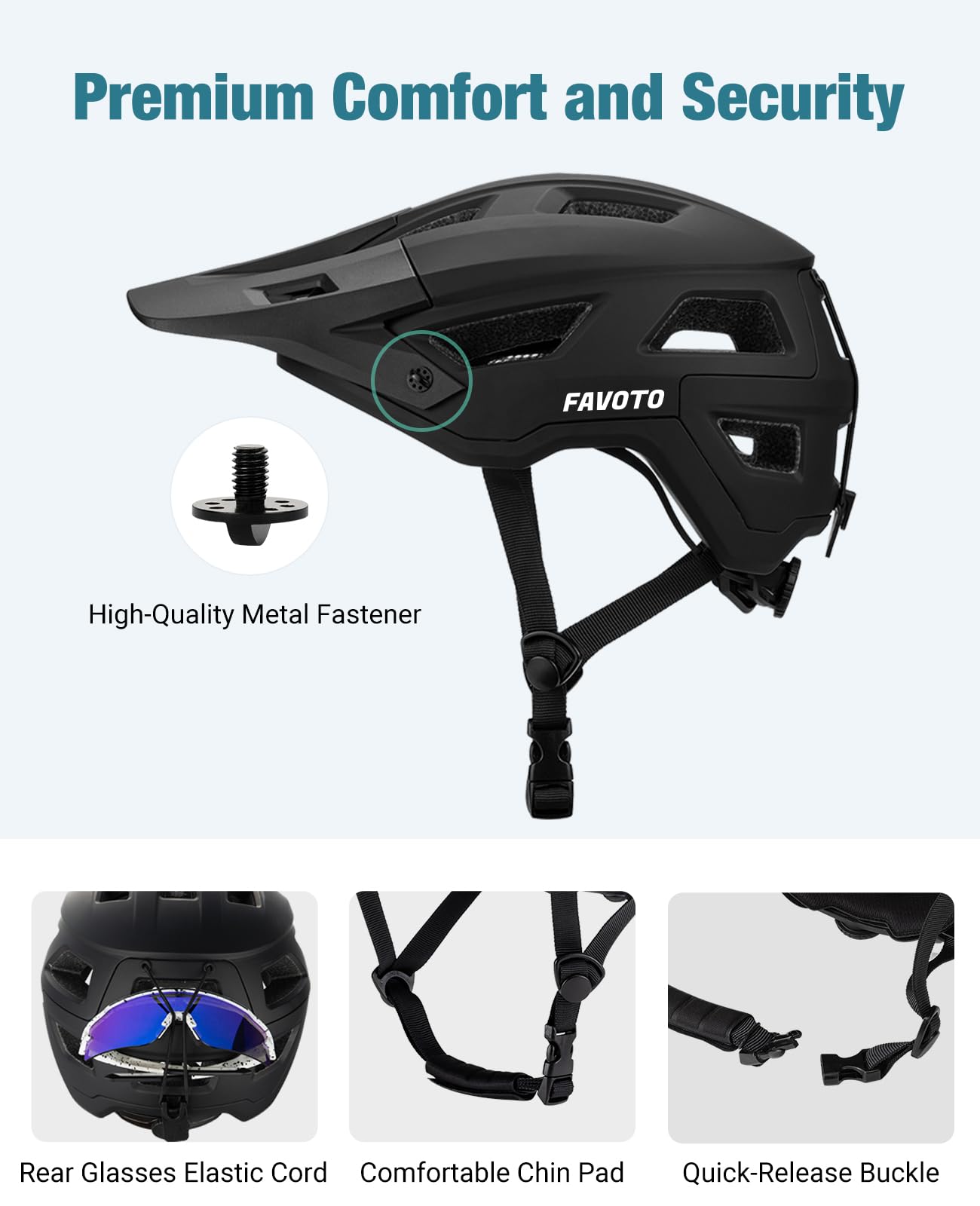 Favoto Mountain Bike Helmet with Peak Lightweight - Double Inmould Technology MTB Helmet for Women Men Road Bike Helmet Black Matt L (59-61cm) Adjustable Length - B025