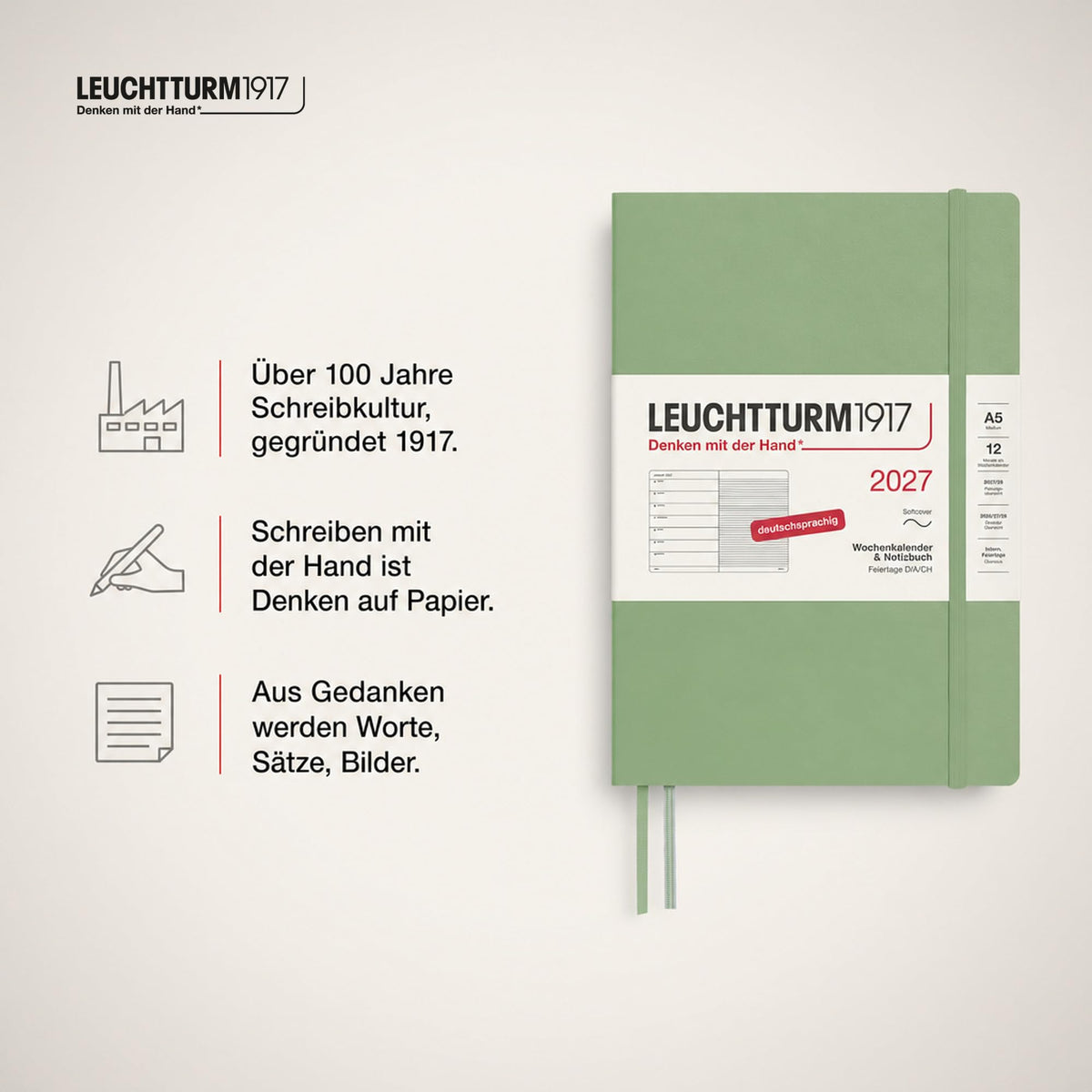 LEUCHTTURM1917 calendar săptămânal 2027 mediu (A5) cu caiet - planificator de întâlniri germană, salvie, copertă moale, ianuarie-decembrie 2027, prezentare săptămânală în stânga + pagina de note în dreapta - 400071