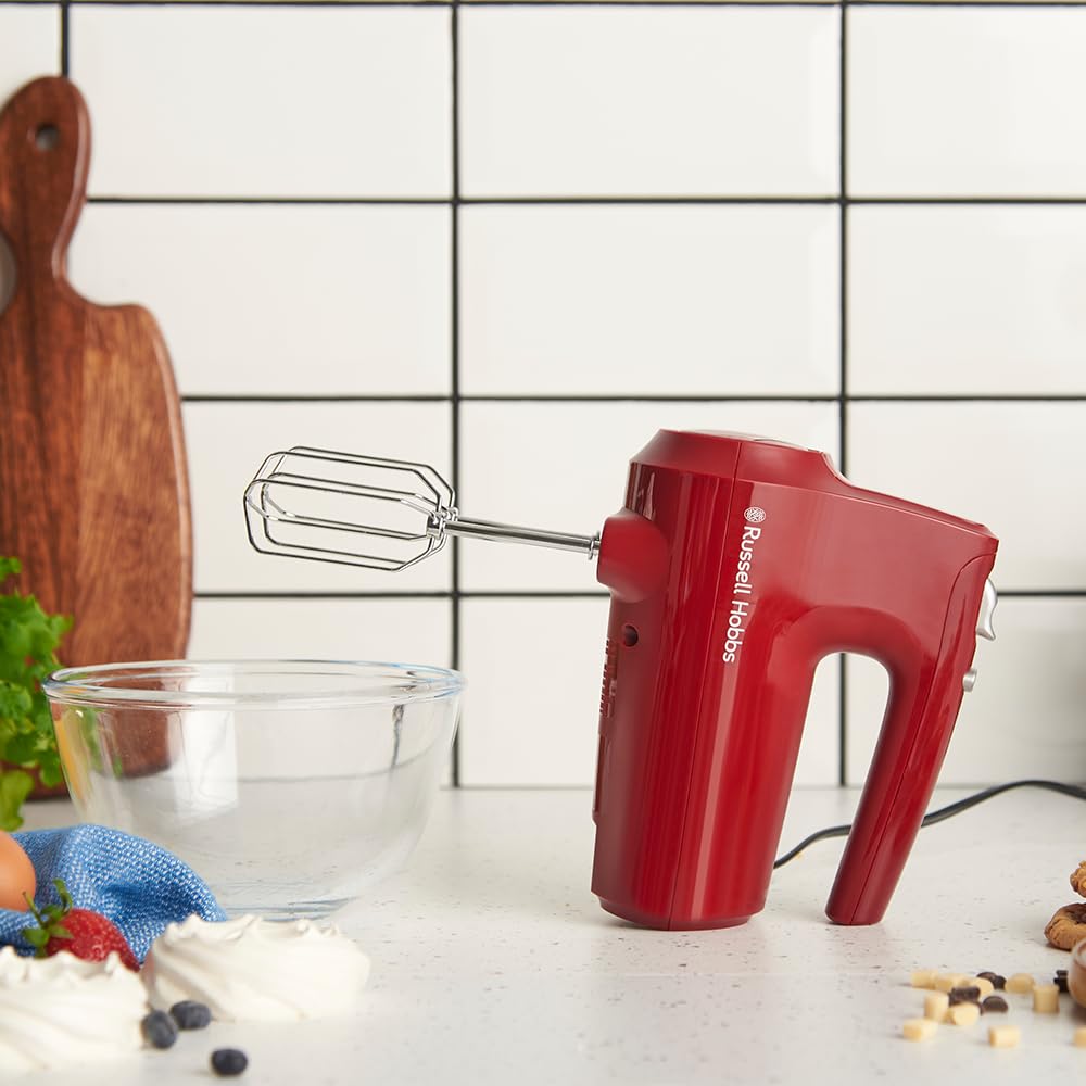 Russell Hobbs Hand Mixer, Red, 350 Watt, with Whisk and Dough Hooks - 27152-56