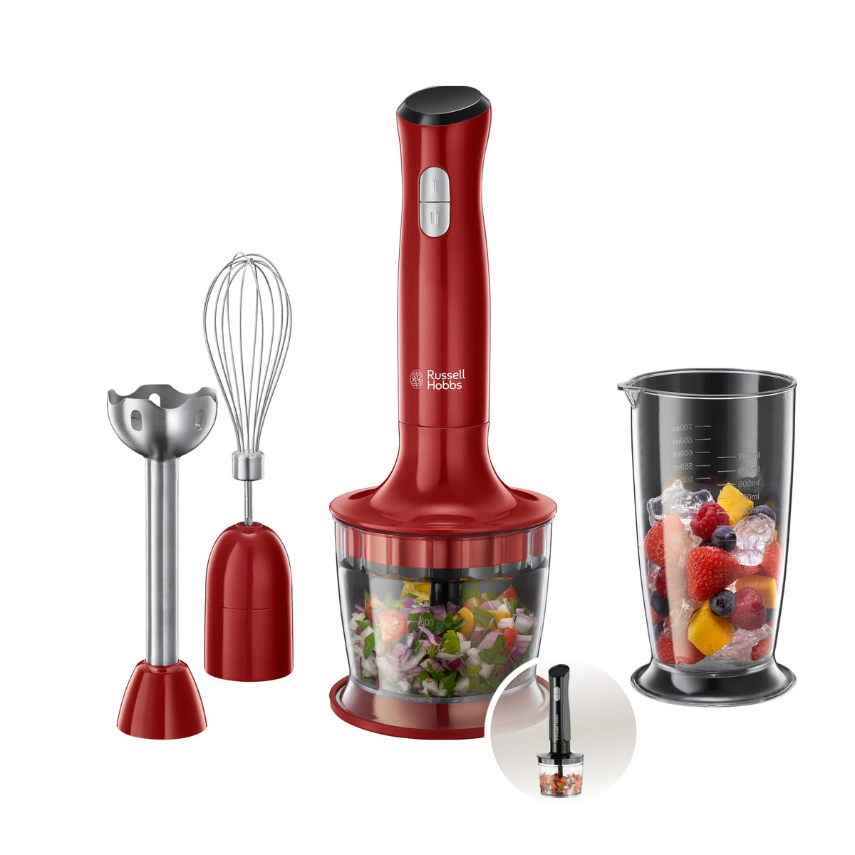 Russell Hobbs Stabmixer [3-in-1: Pürierstab/Zerkleinerer, Mixer- & Schneebesenaufsatz] Desire Rot (accesorii fără BPA și lavabile în mașina de spălat vase, pentru smoothie-uri, supe, sosuri, iaurt, mâncare pentru bebeluși) 24700-56