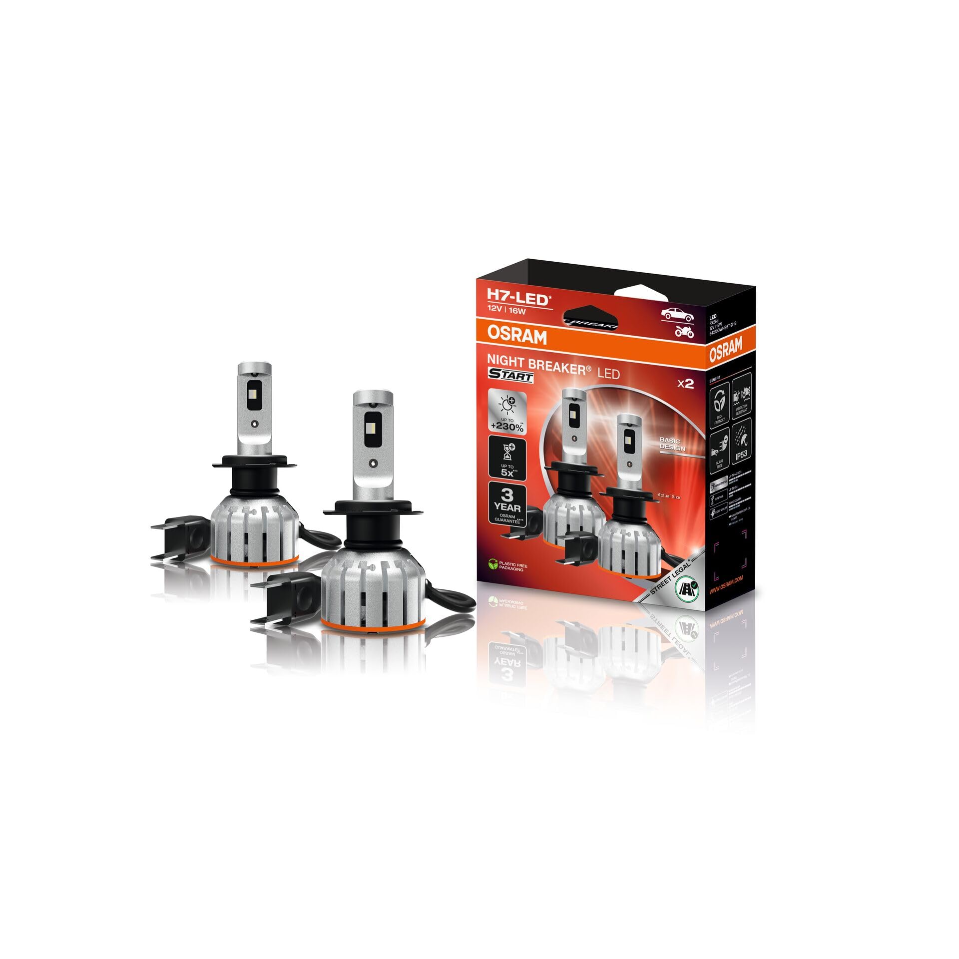 Osram NIGHT BREAKER LED START H7, LED high and low beam with street approval, up to 230% more brightness, 6000 K, 12 V - 64210DWNBST-2HB