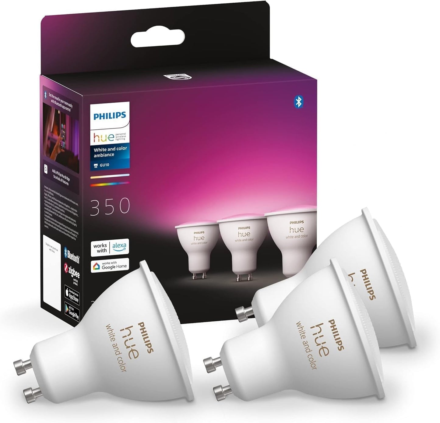 Philips Hue White & Color Ambiance GU10 LED spot pack of 3 (350 lm), dimmable LED lamps for the Hue lighting system with 16 million colors, smart light control via voice and app - 929001953115