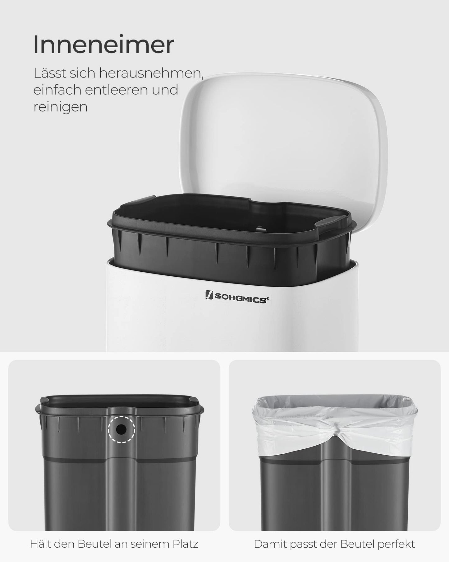 SONGMICS kitchen rubbish bin, 30 liters, waste bin, pedal bin, with lid, soft close, foot pedal, steel, inner bin, white LTB03WT