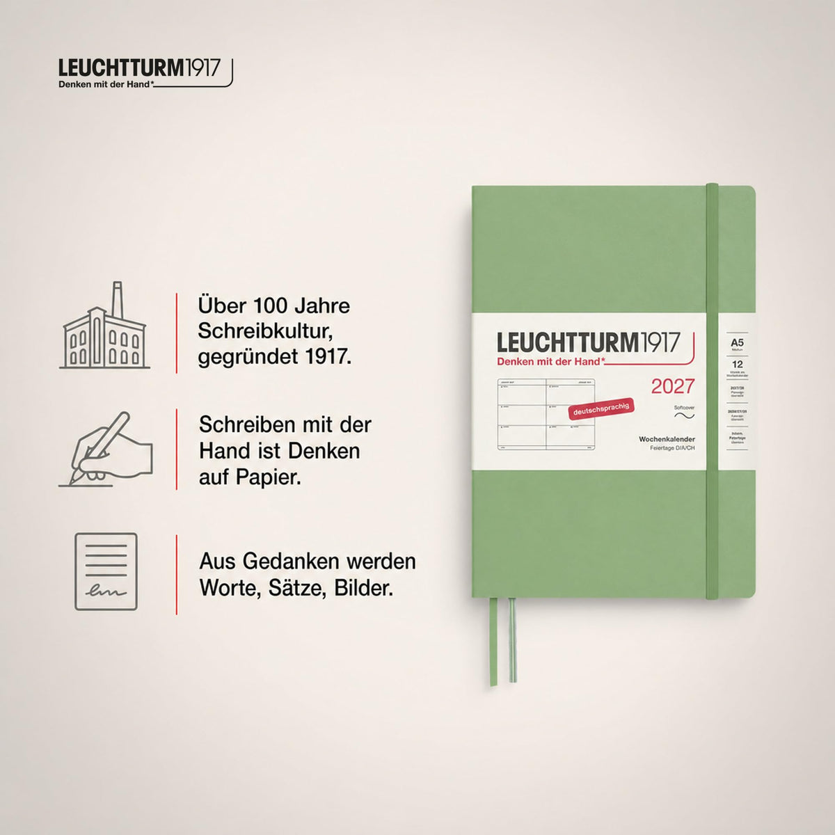 LEUCHTTURM1917 Calendar săptămânal 2027 mediu (A5) - germană, salvie, copertă moale, 145 x 210 mm, 12 luni - ianuarie-decembrie 2027, 1 săptămână pe pagină dublă, hârtie de 80 g/m² cu compatibilitate ridicată cu cerneală - 400130