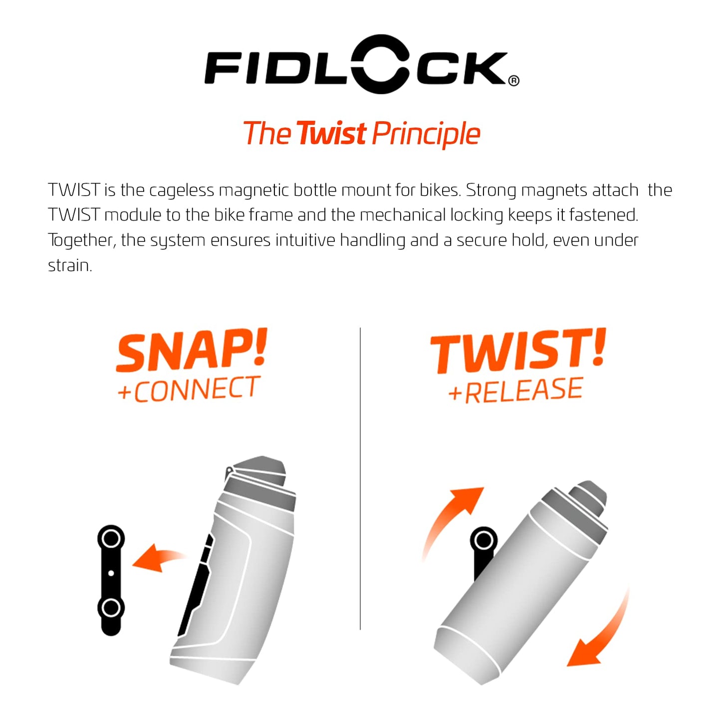 Fidlock TWIST bottle 590 + bike base – 590 ml bicycle drinking bottle with magnetic-mechanical bottle holder system, including holder, BPA-free & dishwasher safe, smoke color - 09636TBL