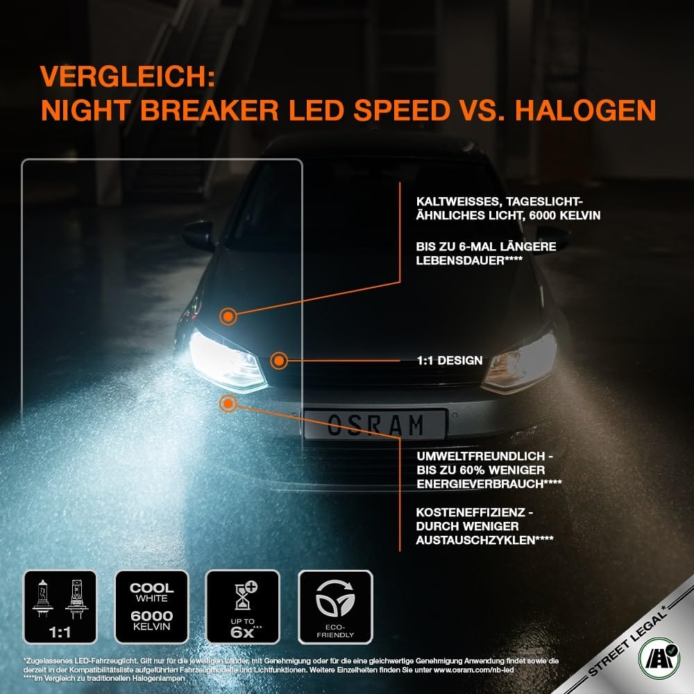 OSRAM NIGHT BREAKER LED SPEED H7 450, LED high and low beam with street approval, up to 450% more brightness, 6000K, quick installation, no mechanical accessories necessary, LEDEC02 integrated - 64210DWNBSP-2HB-450