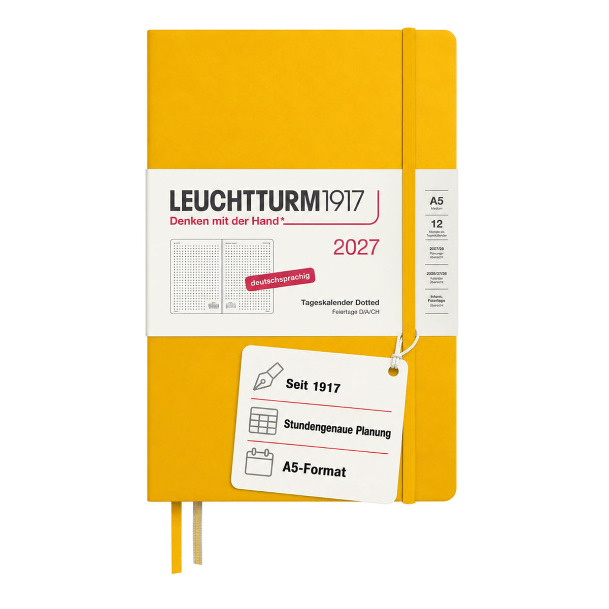 LEUCHTTURM1917 Calendar zilnic 2027 punctat mediu (A5) - germană, floarea soarelui, 145 x 210 mm, ianuarie-decembrie (12 luni), 1 pagină pe zi, grilă orară 7:00-22:00, copertă cartonată, hârtie de 80 g/m² - 400168
