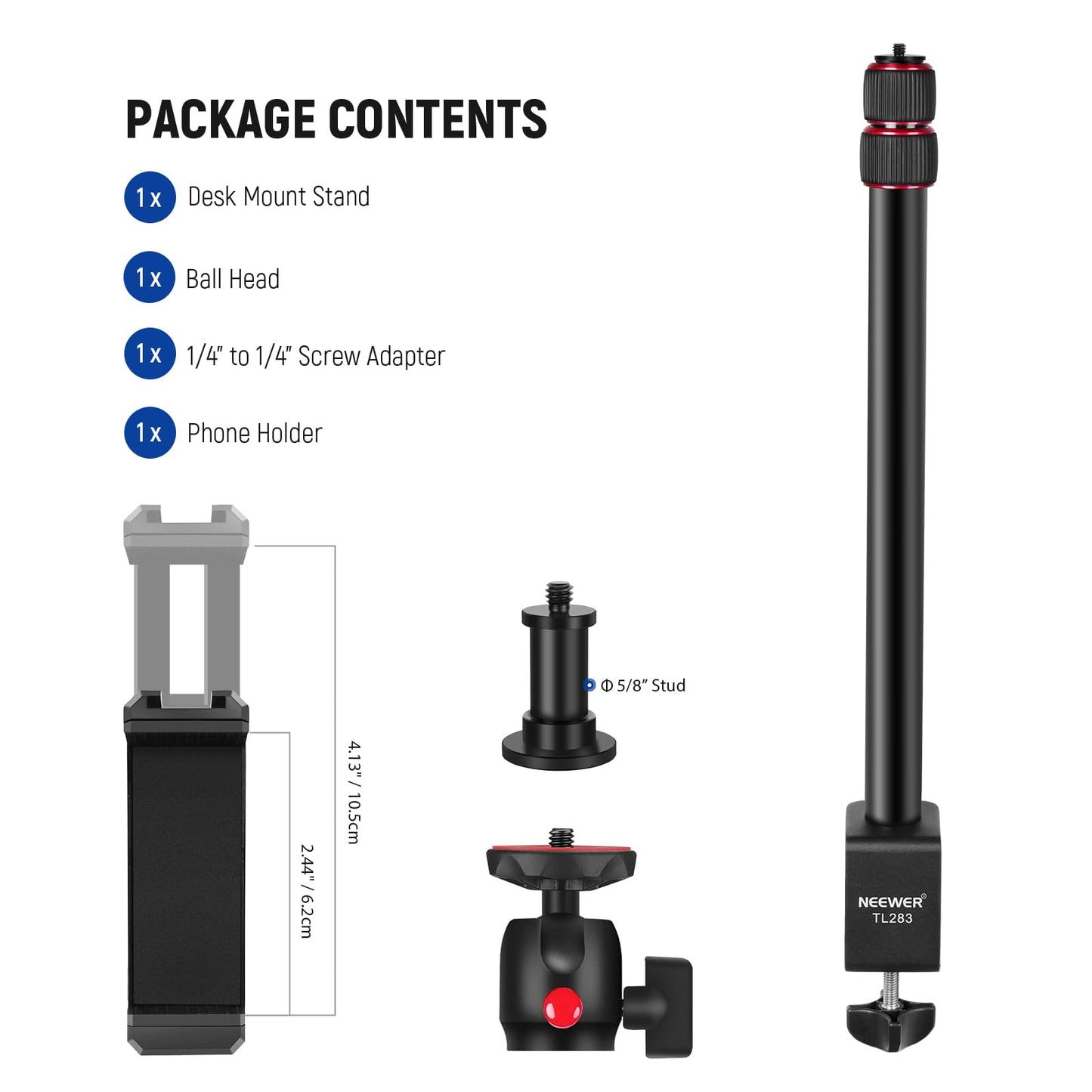 NEEWER camera table tripod light stand with phone holder and 360° ball head, 43-102cm telescope C clamp 1/4" screw, max. load 3kg, table camera holder for DSLR webcam ring light, TL283 - 10103934