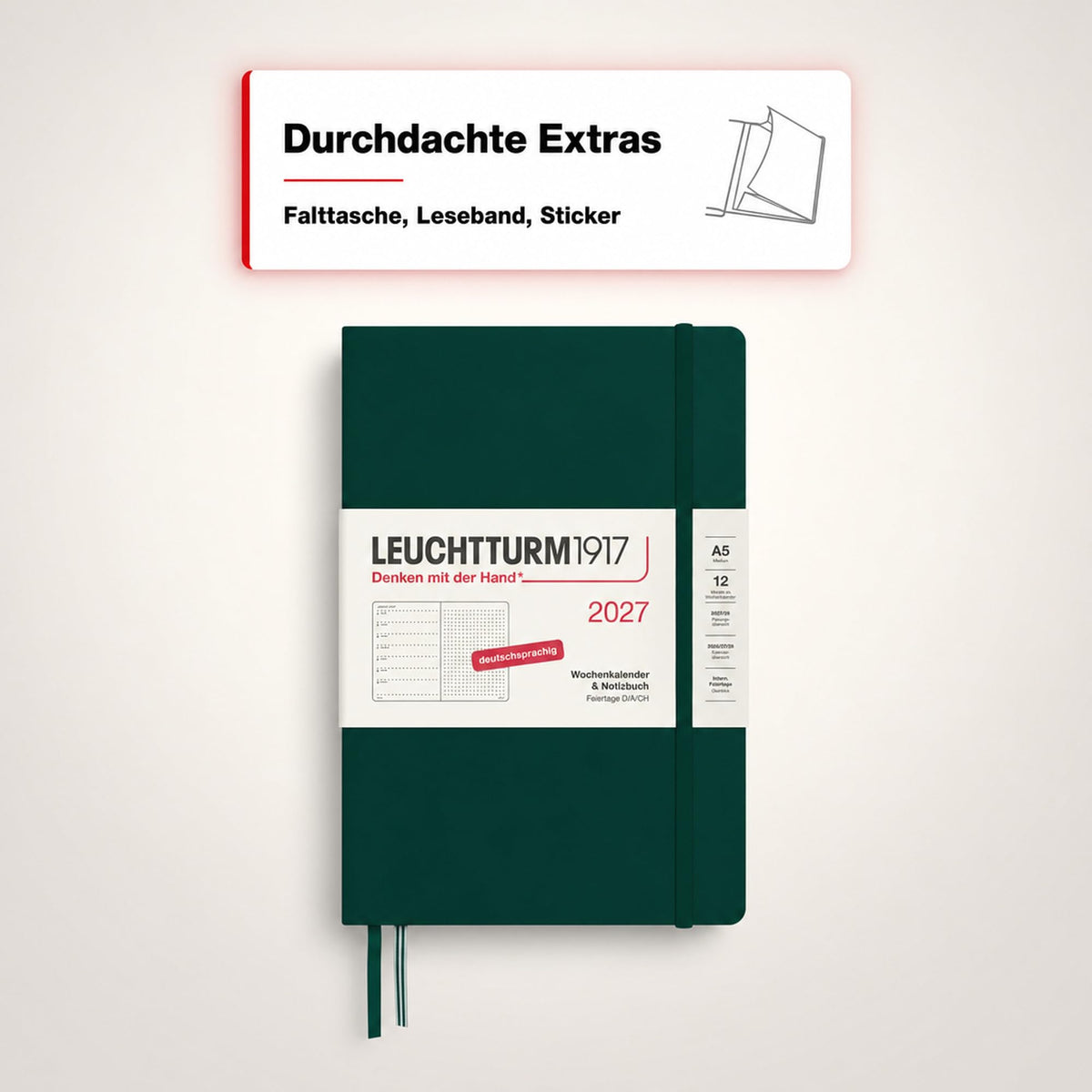 LEUCHTTURM1917 Calendar săptămânal 2027 punctat mediu (A5) cu caiet - Planificator de întâlniri german, verde pădure, ianuarie-decembrie 2027, prezentare generală săptămânală în stânga + pagină cu note în dreapta - 400095
