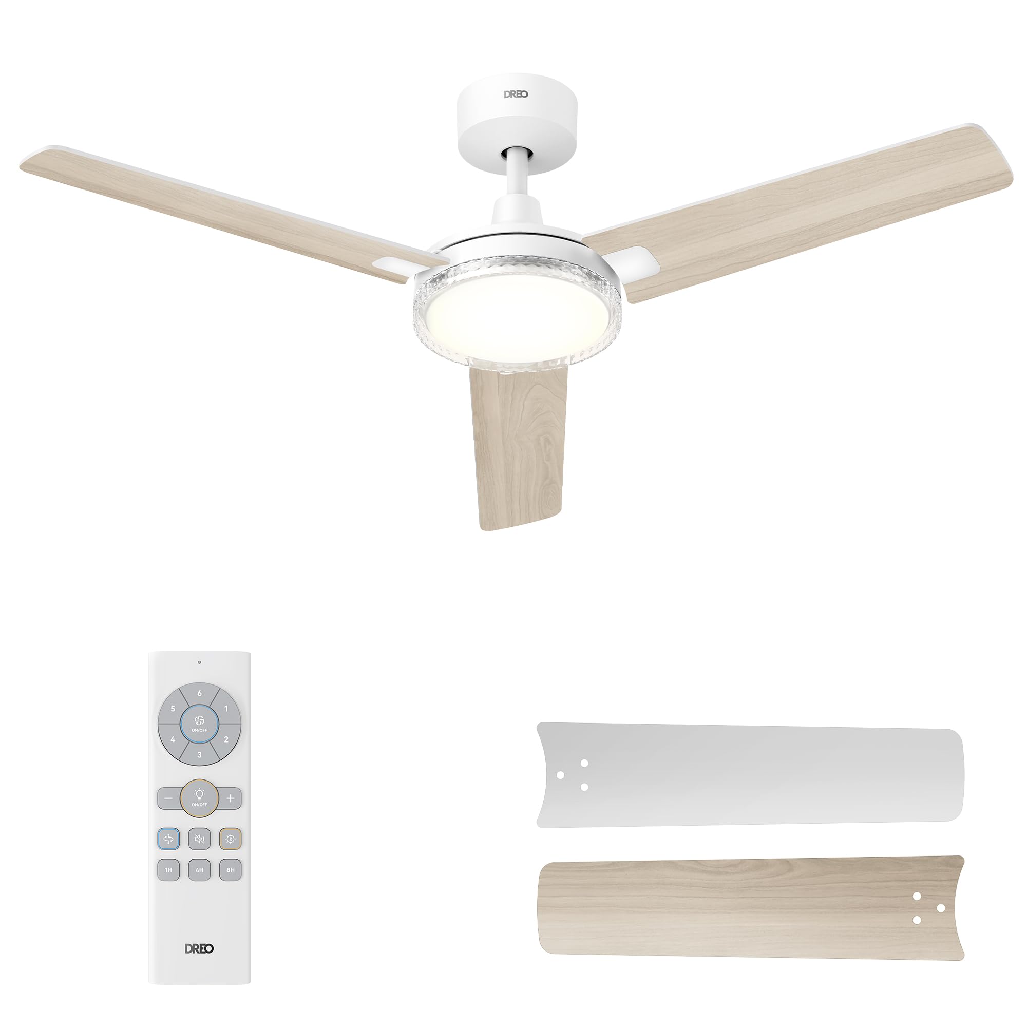 Ventilator de tavan DREO cu iluminare și telecomandă, ventilator de tavan alb de 132 cm cu lumină și Alexa, 5 culori CCT, 6 niveluri reglabile, 6 niveluri, motor DC silențios reversibil, temporizator (1/4/8h) - DR-HCF004