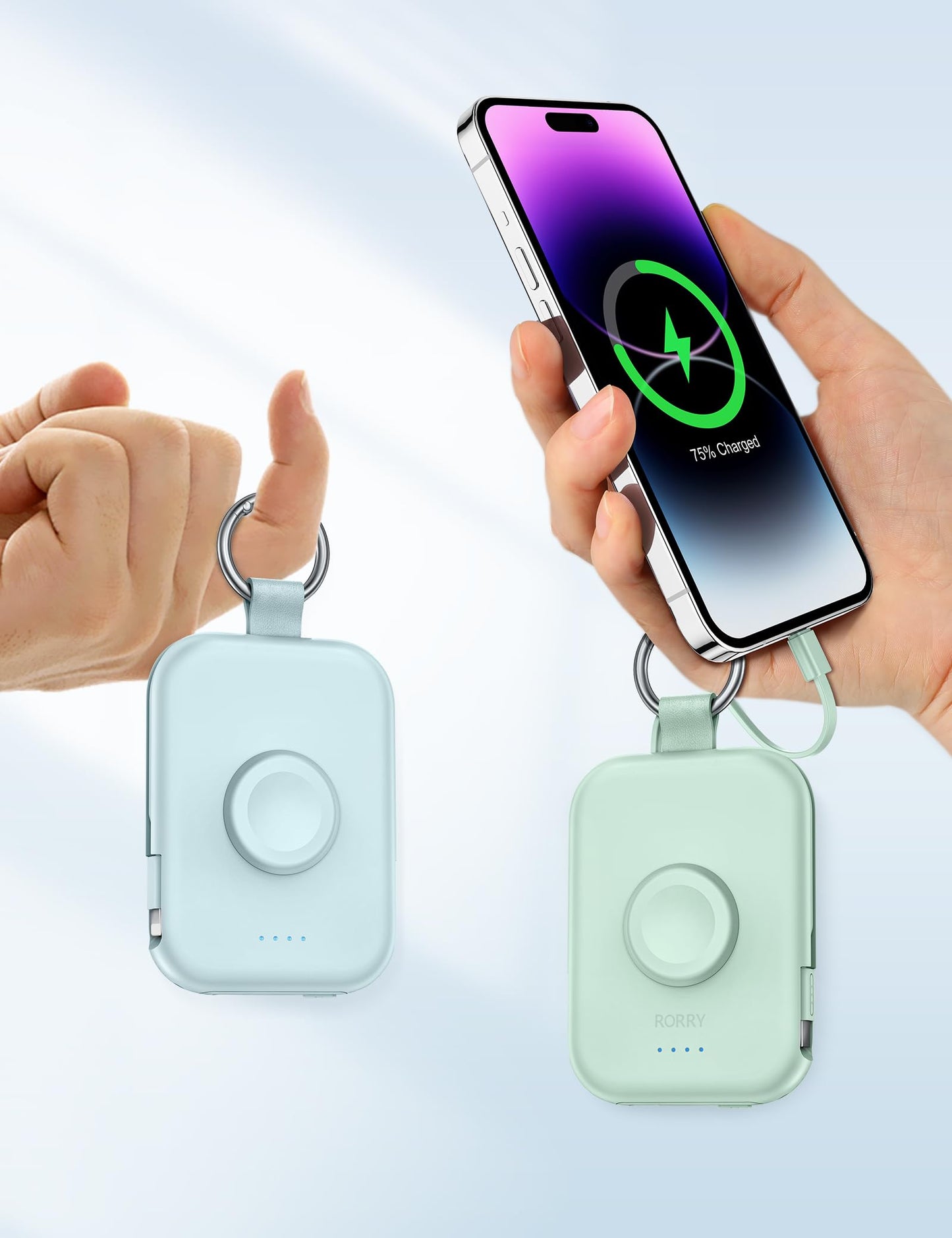 RORRY Power Bank, 5000mAh Power Bank with Integrated Cable, Travel Portable Charger Key Ring External Mobile Phone Batteries for iPhone 17/16/15/14/13/12, Apple Watch Ultra/11/10/9/8/7/6/SE, Purple - D2