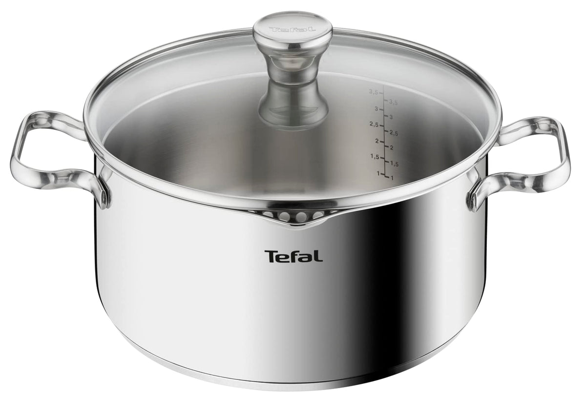 Tefal A70546 Duetto Oală | 24 cm | compatibilă cu inducție | curățare ușoară în mașina de spălat vase | scară de măsurare | capac din sticlă pentru scurgere | oțel inoxidabil