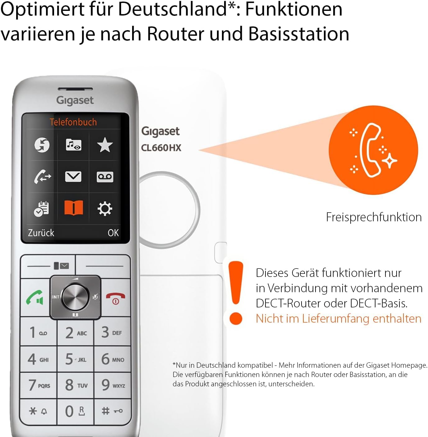 Gigaset CL660HX - design DECT handset with charging cradle - Fritzbox compatible - high-quality cordless telephone for router and DECT base, silver-white [German version] [Without base] - S30852-H2862-B132