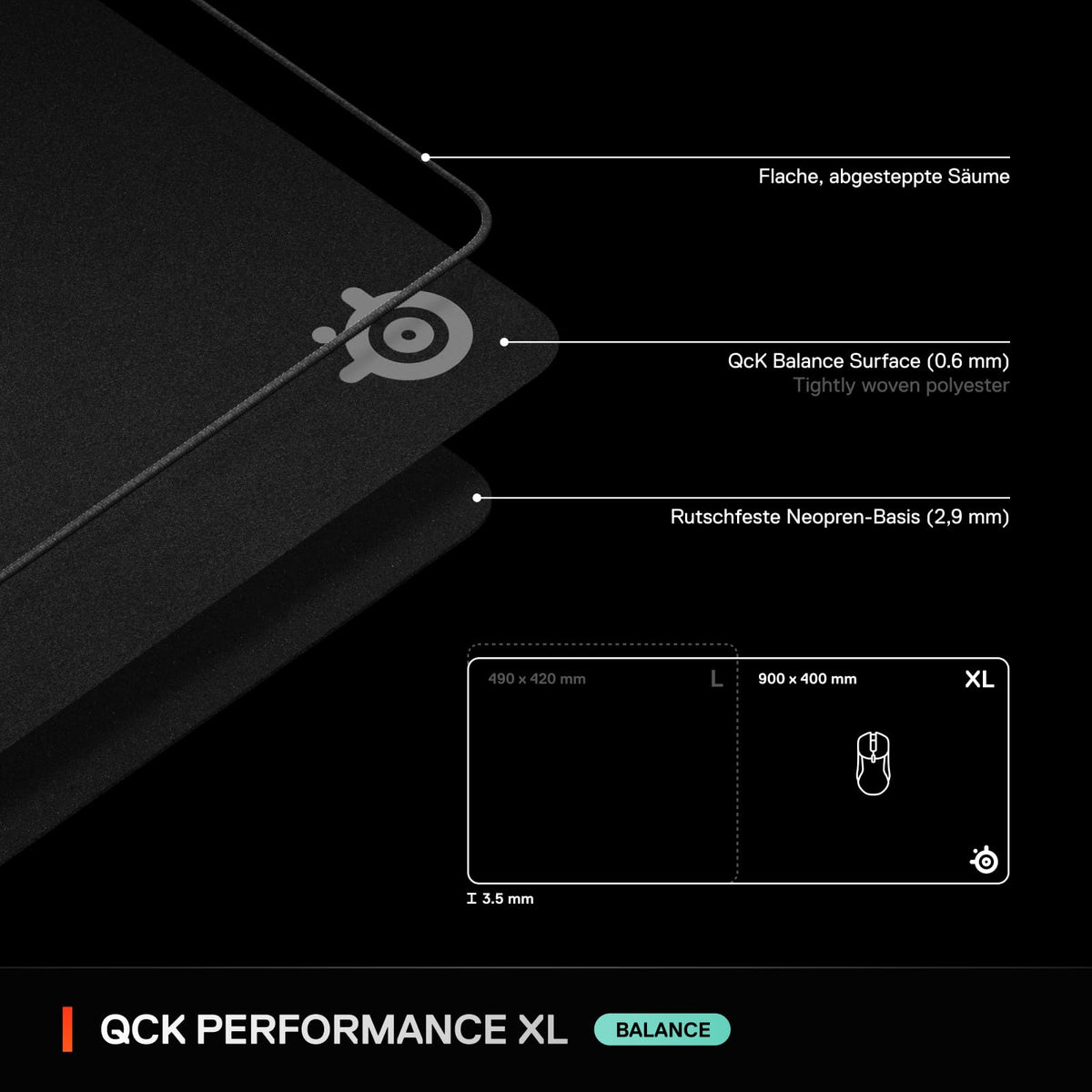 Steelseries QcK XL Performance Balance Gaming-Mauspad – Densitate extra pentru alunecare lină – Margini plate, cusute – Bază din neopren anti-alunecare – 900 x 400 mm – FPS, MOBA, RTS, MMO - 63433