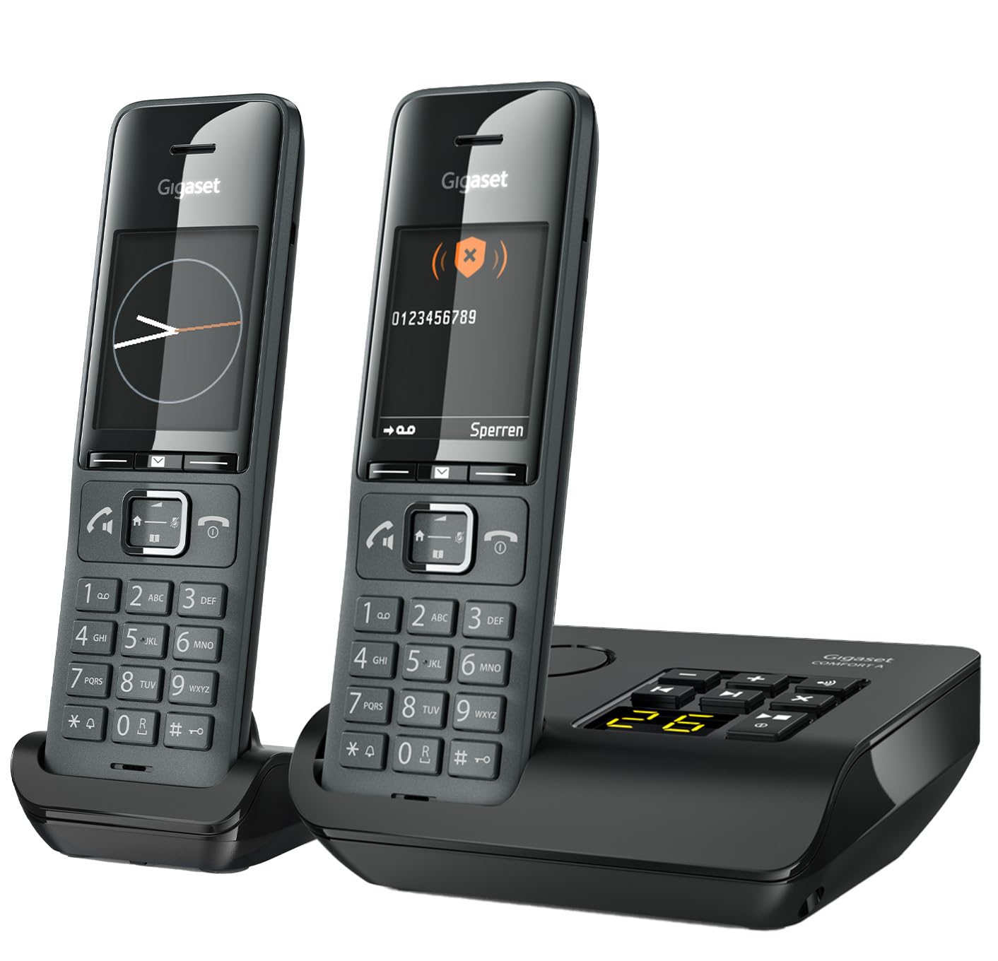 Gigaset Comfort 520A Duo - 2 cordless DECT telephones with answering machine - Best audio quality with hands-free function - Do not disturb - Address book 200 contacts, titanium black [German version] - S30852-H3005-B103