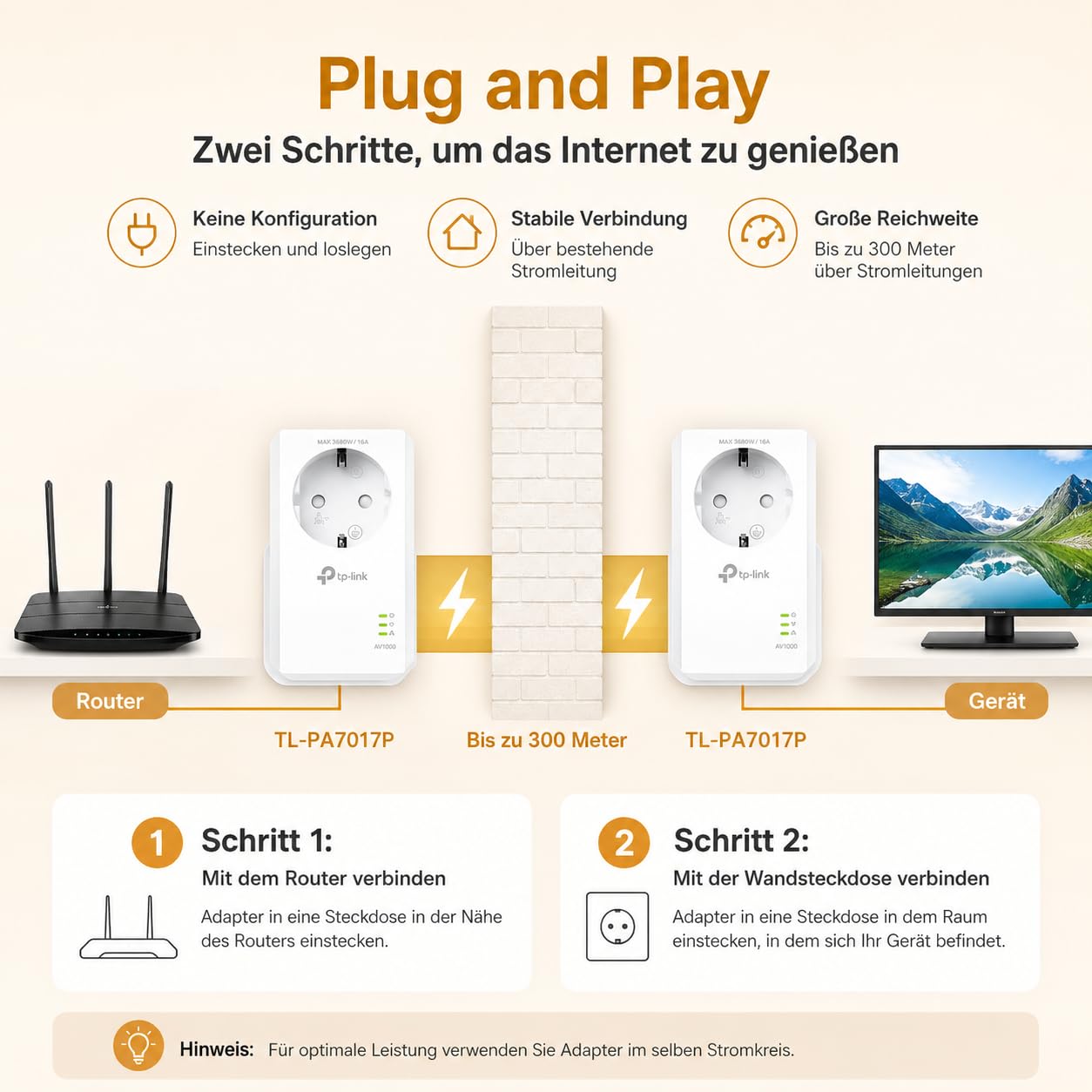 TP-Link Powerline Adapter Set TL-PA7017P KIT (1000Mbit/s, with socket, Gigabit port, Plug&Play, compatible with all HomePlug AV/AV2 powerline adapters, ideal for media streaming)