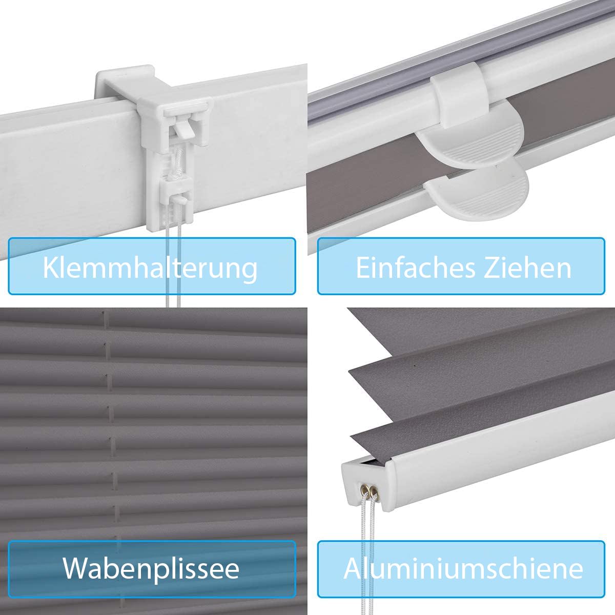 Sekey pleated blinds without drilling, window pleated blinds Klemmfix blinds 80 cm wide, tensioned opaque sun protection window blind, 80x210cm, dark gray - BL-1224