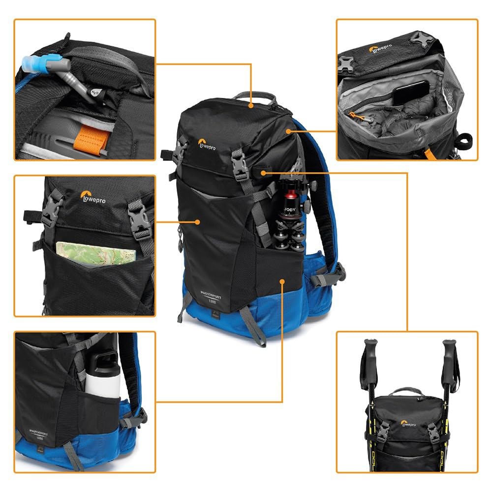 Lowepro PhotoSport BP 15L AW III, rucsac pentru cameră de tip wander, pentru camere mirrorless, acces lateral, inserție pentru cameră detașabilă și sistem de curea pentru accesorii, albastru și negru, compatibil cu Sony α6000.