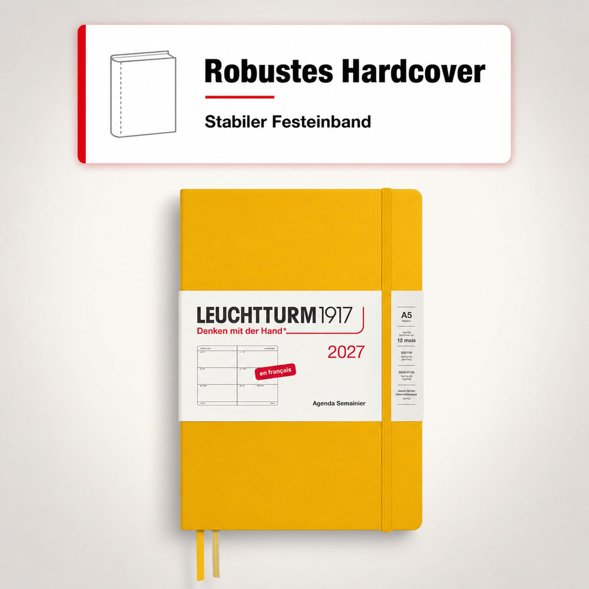 LEUCHTTURM1917 Calendar săptămânal 2027 mediu (A5) - franceză, floarea soarelui, copertă cartonată, 12 luni - ianuarie-decembrie 2027, 1 săptămână pe pagină dublă cu compatibilitate ridicată cu cerneală - 400404