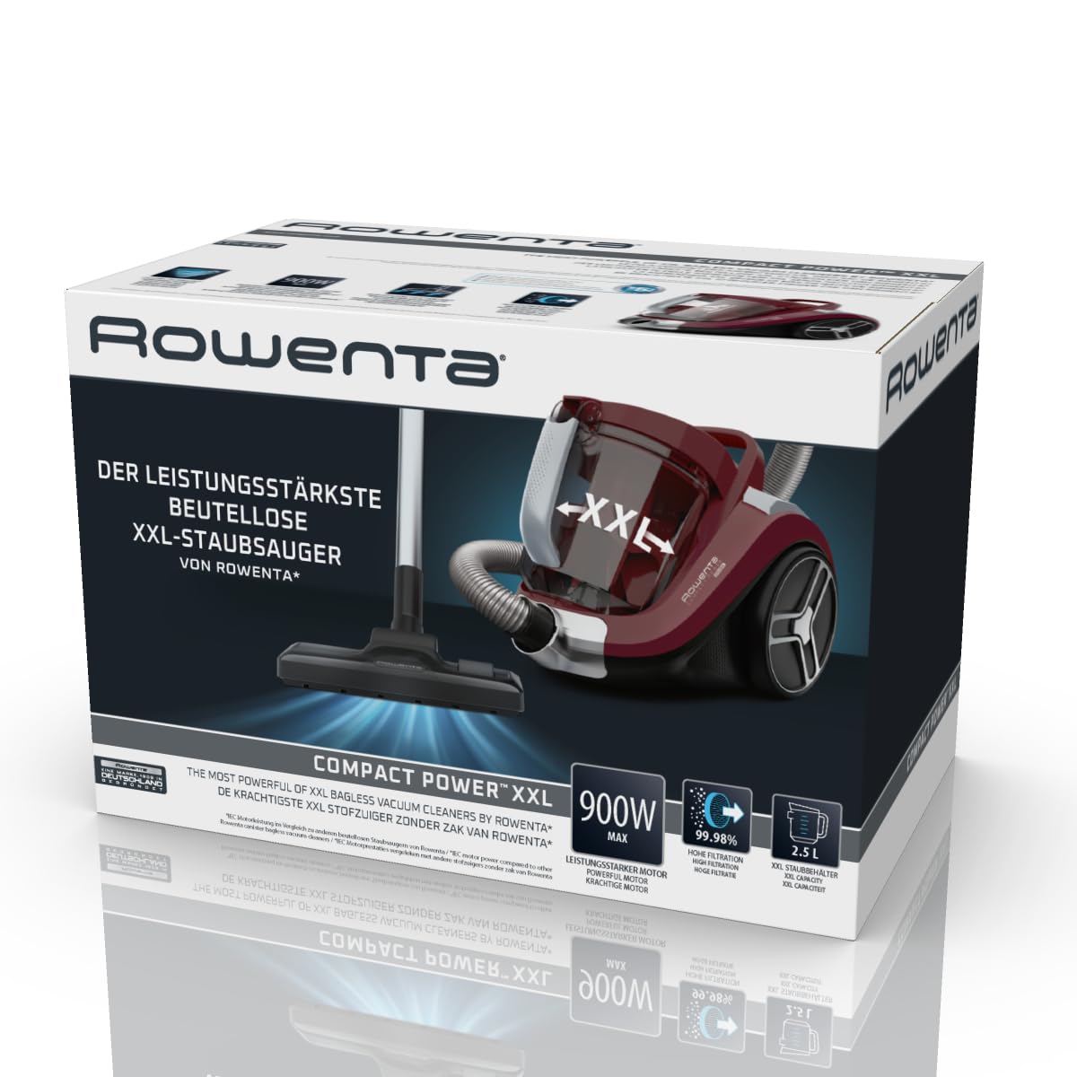 Rowenta Compact Power XXL Classic bagless vacuum cleaner, 900 Watts, 3-stage filtration system, capacity, compact design, 8.80 m cleaning radius, including 2-in-1 crevice tool, red, RO4B23