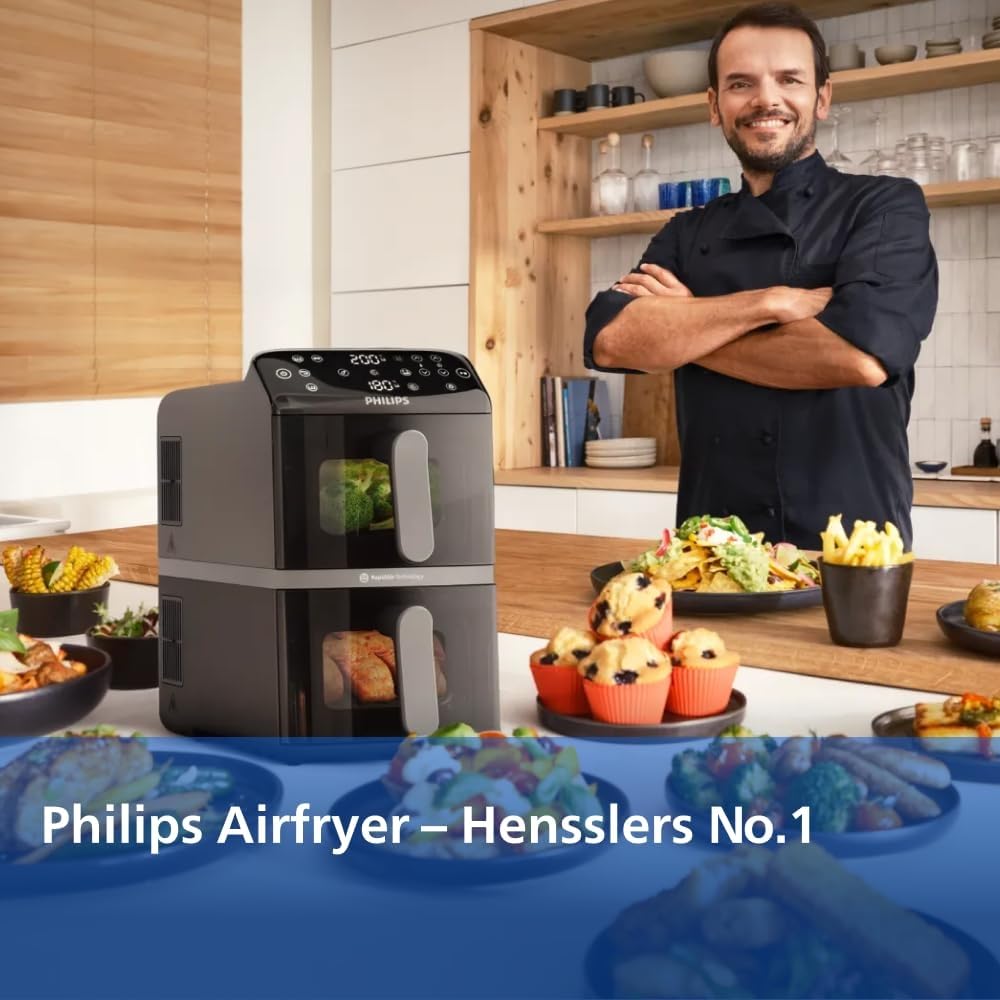 Philips Airfryer 4000 Series Stacked Dual Basket, stacked hot air fryer 2 chambers, 10L, RapidAir technology, 45% less space required, PFAS-free ceramic coating, viewing window (NA460/00)