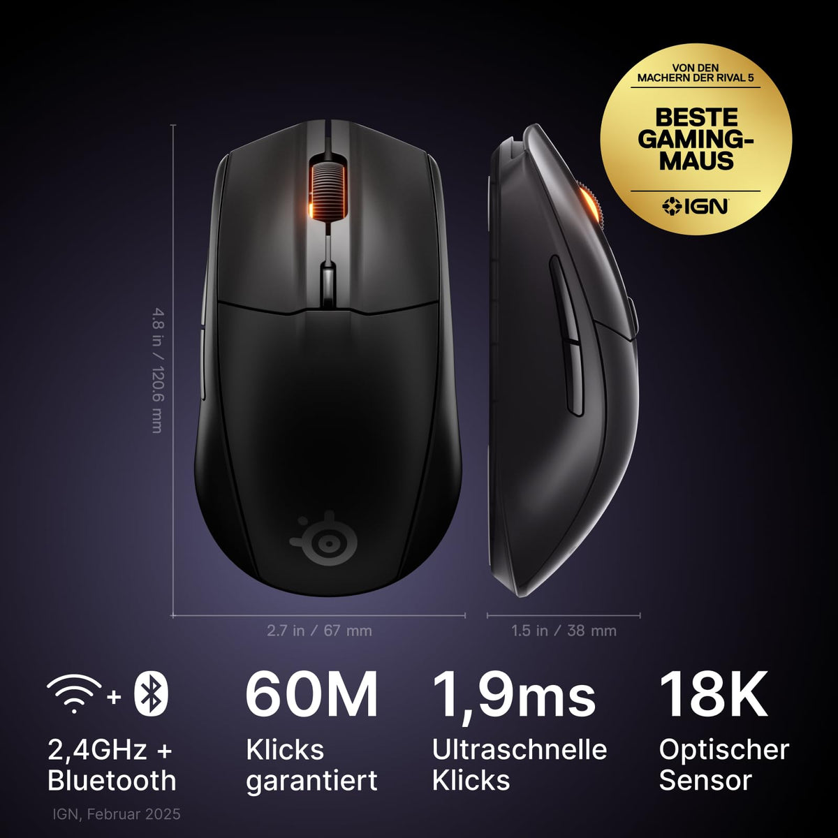 SteelSeries Rival 3 Wireless Gen 2 Gaming Mouse – 2.4 GHz and Bluetooth – 18,000 DPI TrueMove Air optical sensor – 60 million clicks guaranteed – Ultra-lightweight – PTFE glide feet - Black - 62523