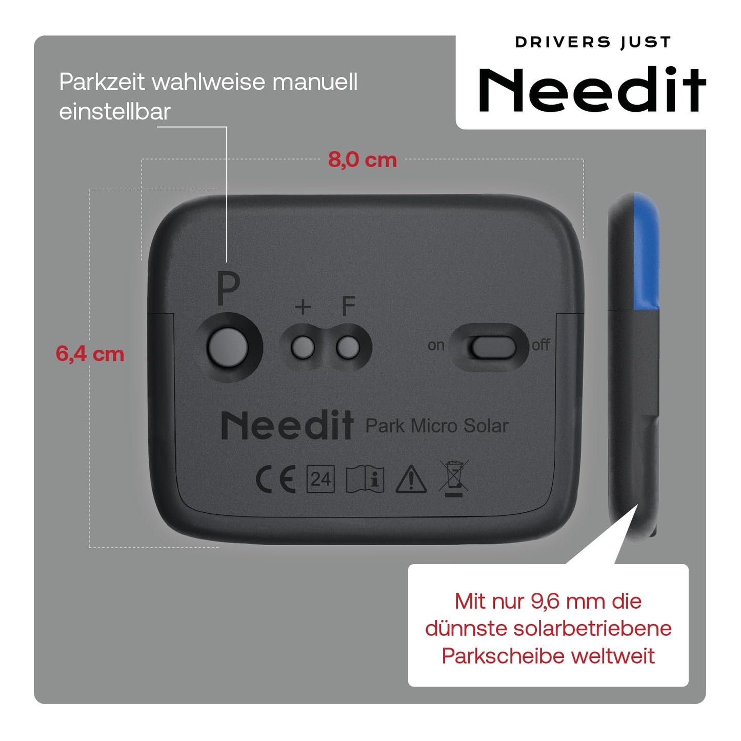 Needit Park Micro Solar Electronic Parking Disc [NEW Model 2025] I infinite energy, zero battery change | the only parking disc in Germany with an integrated rechargeable battery | blue - 9020