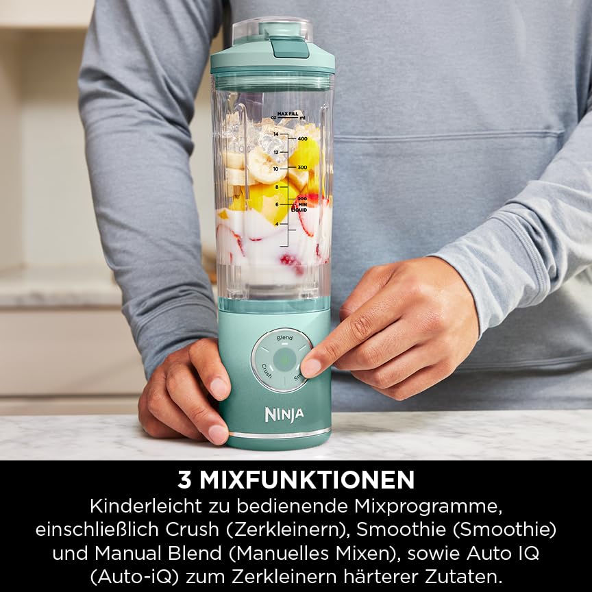 Ninja Blast Max Portable Mixer/Blender/Smoothie Maker, 570 ml, rechargeable, mixing cup & leak-proof lid, 3 functions, smoothies, protein shakes, Meerglas BC251EUMT