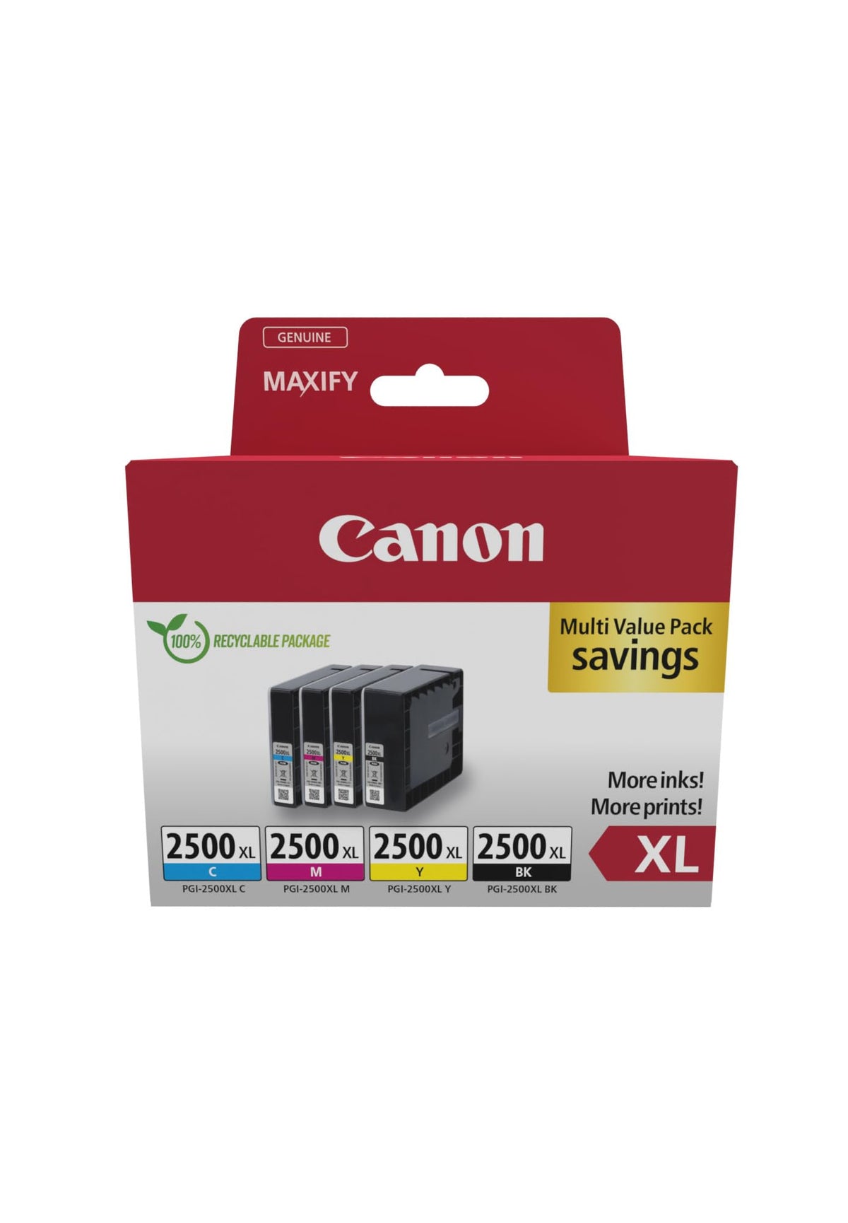 Canon PGI-2500 XL C M Y BK Advantage Pack 4 Ink Cartridges with larger capacity XL (Black, Cyan, Magenta, Yellow) Original [Recyclable cardboard packaging 2024] - 9254B010