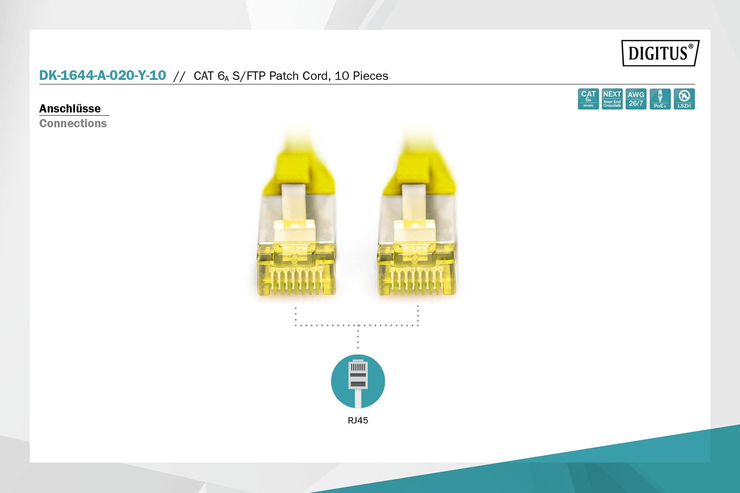 DIGITUS LAN cable Cat 6A – 2 m – 10 pieces – S/FTP shielded – yellow - DK-1644-A-020-Y-10