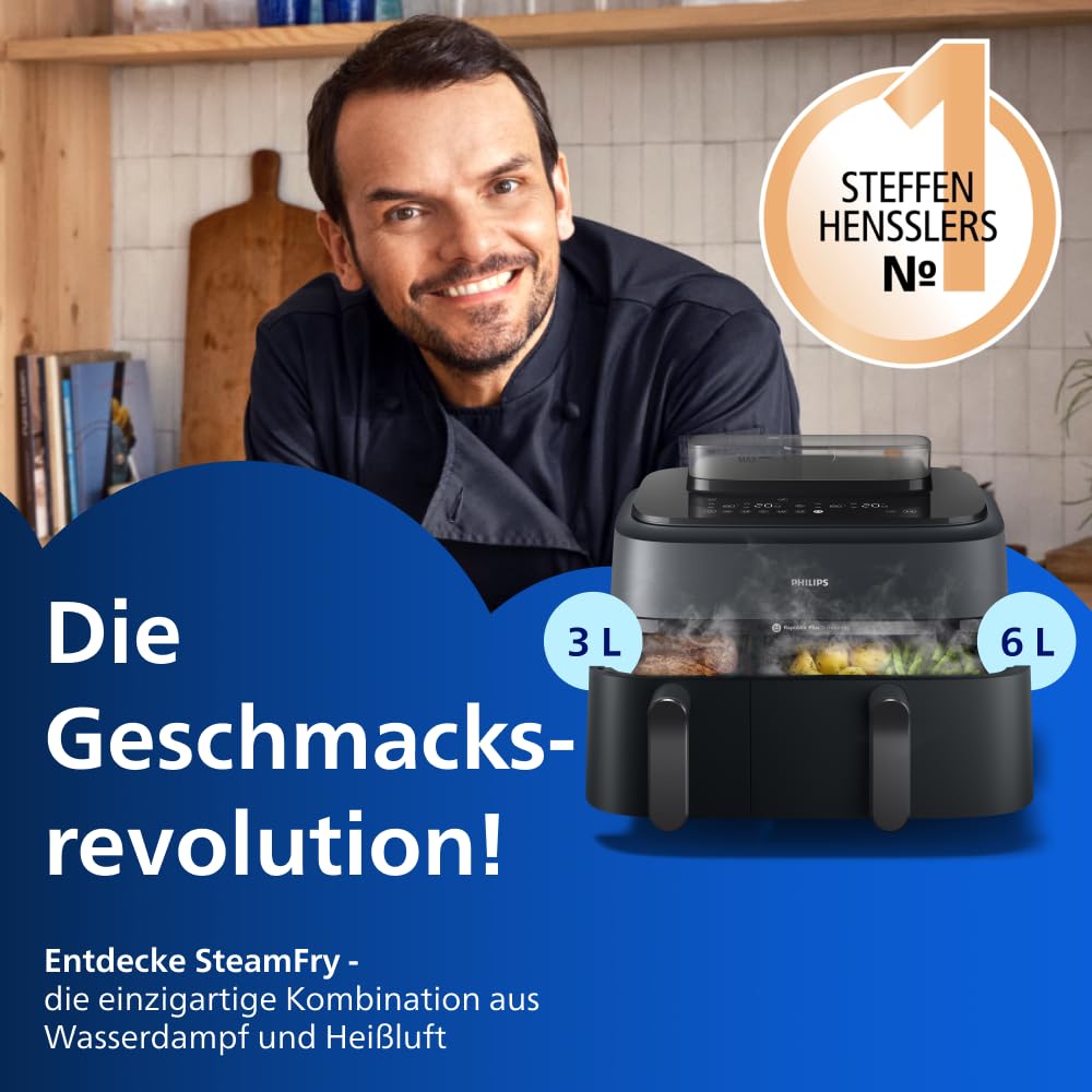 Philips Steam Airfryer 5000 Series Dual Basket Hot Air Fryer with Steam Function & 2 Baskets - Steam, Airfry, SteamFry, 9L (3L+6L), RapidAir Plus, Automatic Steam Cleaning (NA550/00)