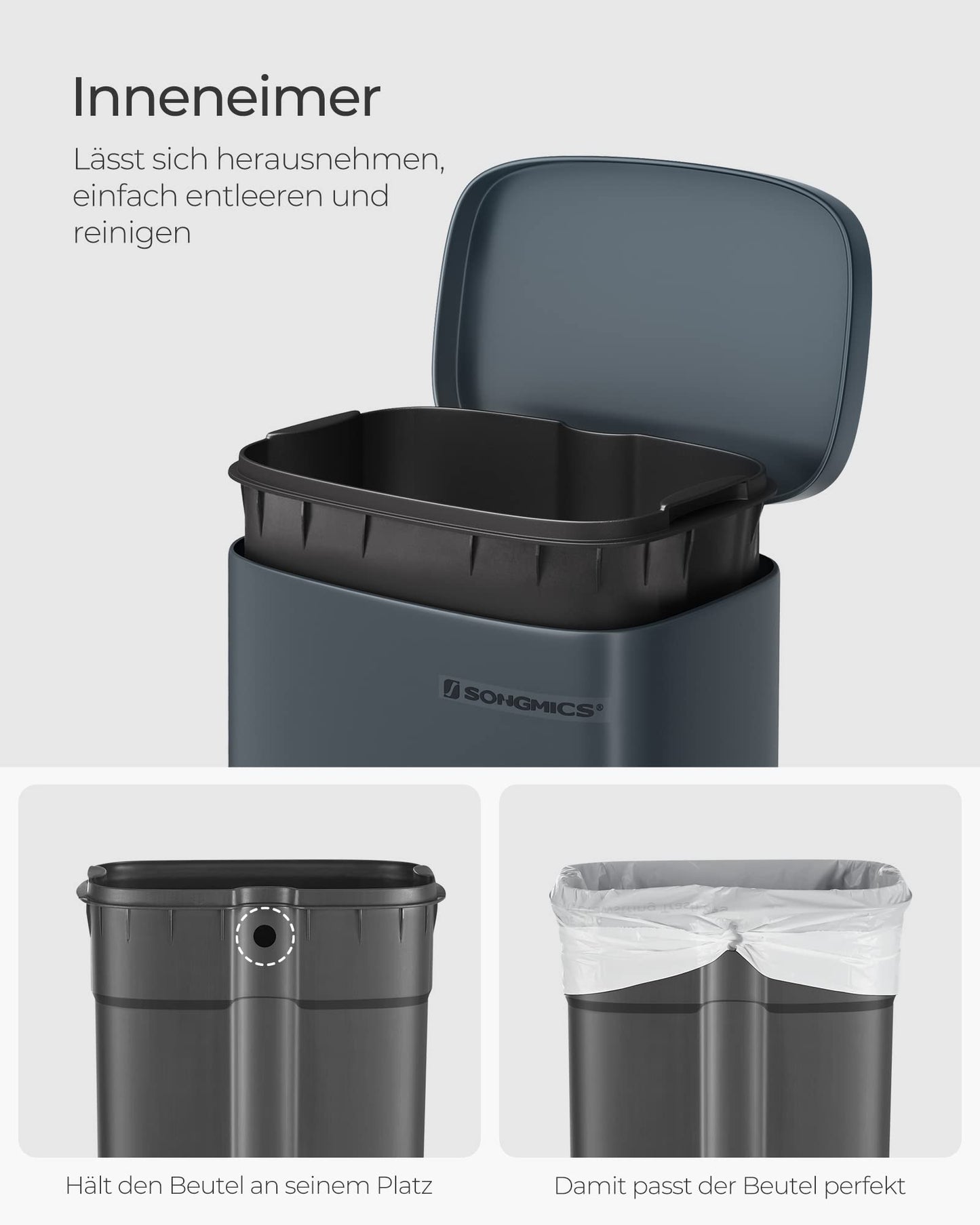 SONGMICS kitchen rubbish bin, 30 liters, waste bin, pedal bin, with lid, soft close, foot pedal, steel, inner bin, green-gray LTB03GS