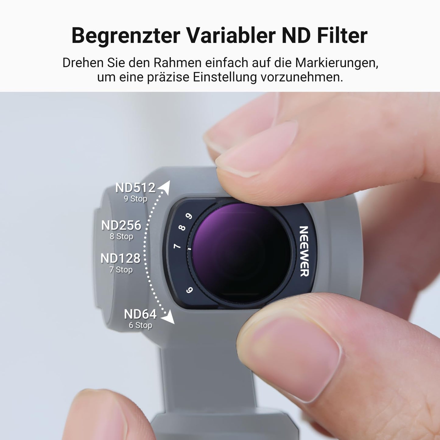 NEEWER Variable ND Filter, Compatible with DJI Osmo Pocket 3 /Pocket 4 /Xtra Muse, Magnetic, Multi-Coated ND64-512 Neutral Density Action Camera Lens Filter with Screen Protector and Bag - FL-C60