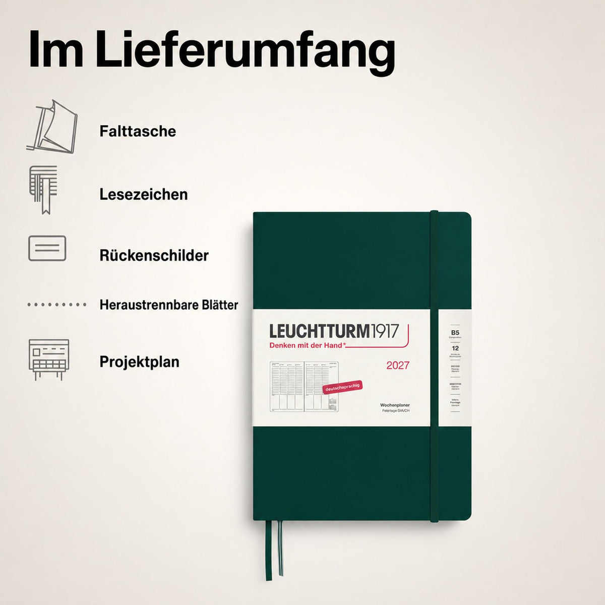 LEUCHTTURM1917 weekly planner 2027 Composition (B5) - German, Forest Green, 254 x 178 mm, January-December (12 months), weekly overview with hourly grid 7:00-22:00 per column, hardcover, 80 g/m² paper - 400144