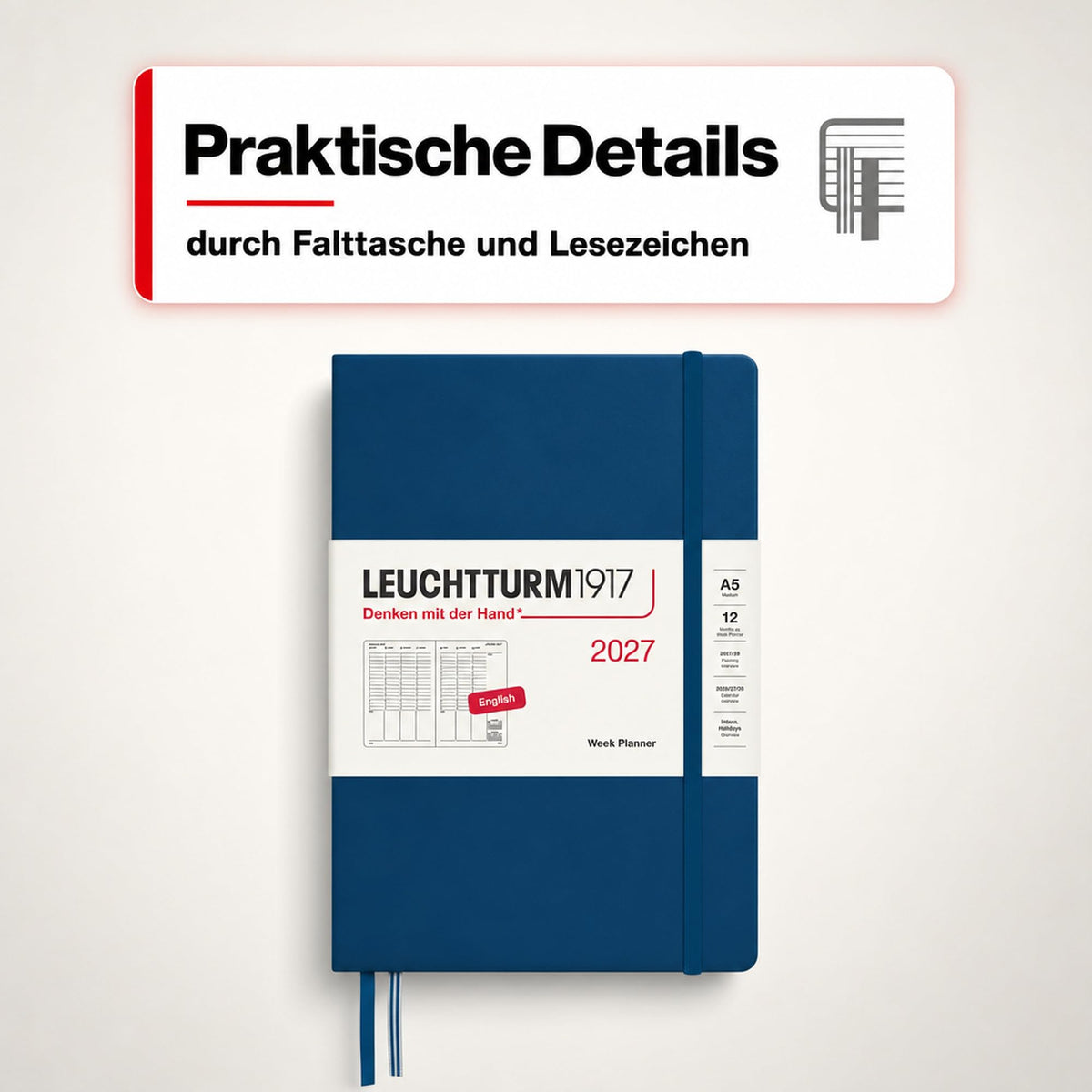 LEUCHTTURM1917 Weekly Planner 2027 Medium (A5) - English, Indigo, 210 x 145 mm, January-December (12 months), weekly overview with hourly grid 7:00-22:00 per column, hardcover, 80 g/m² paper - 400318