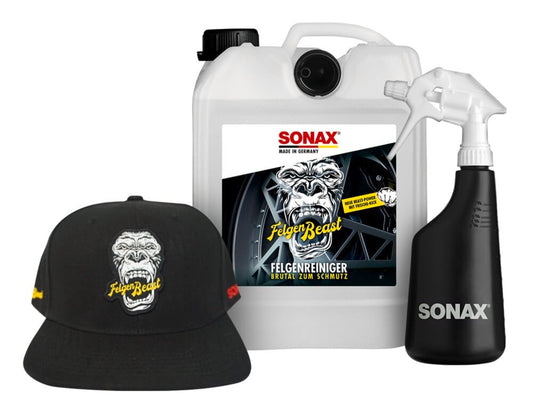 SONAX FelgenBeast package with BeastCap removes even beastly dirt on all polished, chrome-plated and matt steel and light alloy rims Art no. 07653000