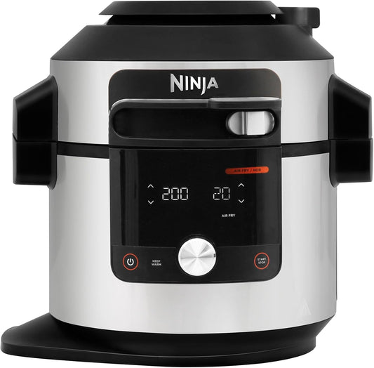 Ninja Foodi MAX Multicooker with Smart Lid, 7.5L, 14-in-1 Multicooker, Pressure Cooker, Air Fryer, Slow Cooker, digital temperature probe, stainless steel, OL750EU