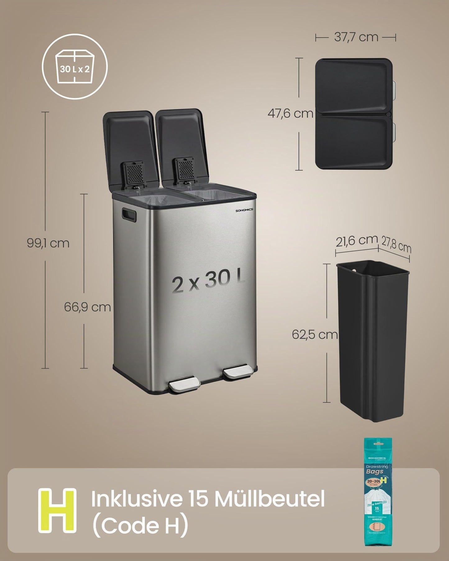 SONGMICS kitchen trash can, 2 x 30 liters, 2 compartments, trash can, pedal trash can, kitchen trash can with soft close lid and inner bucket, stainless steel, including 15 trash bags, silver LTB741EZ01