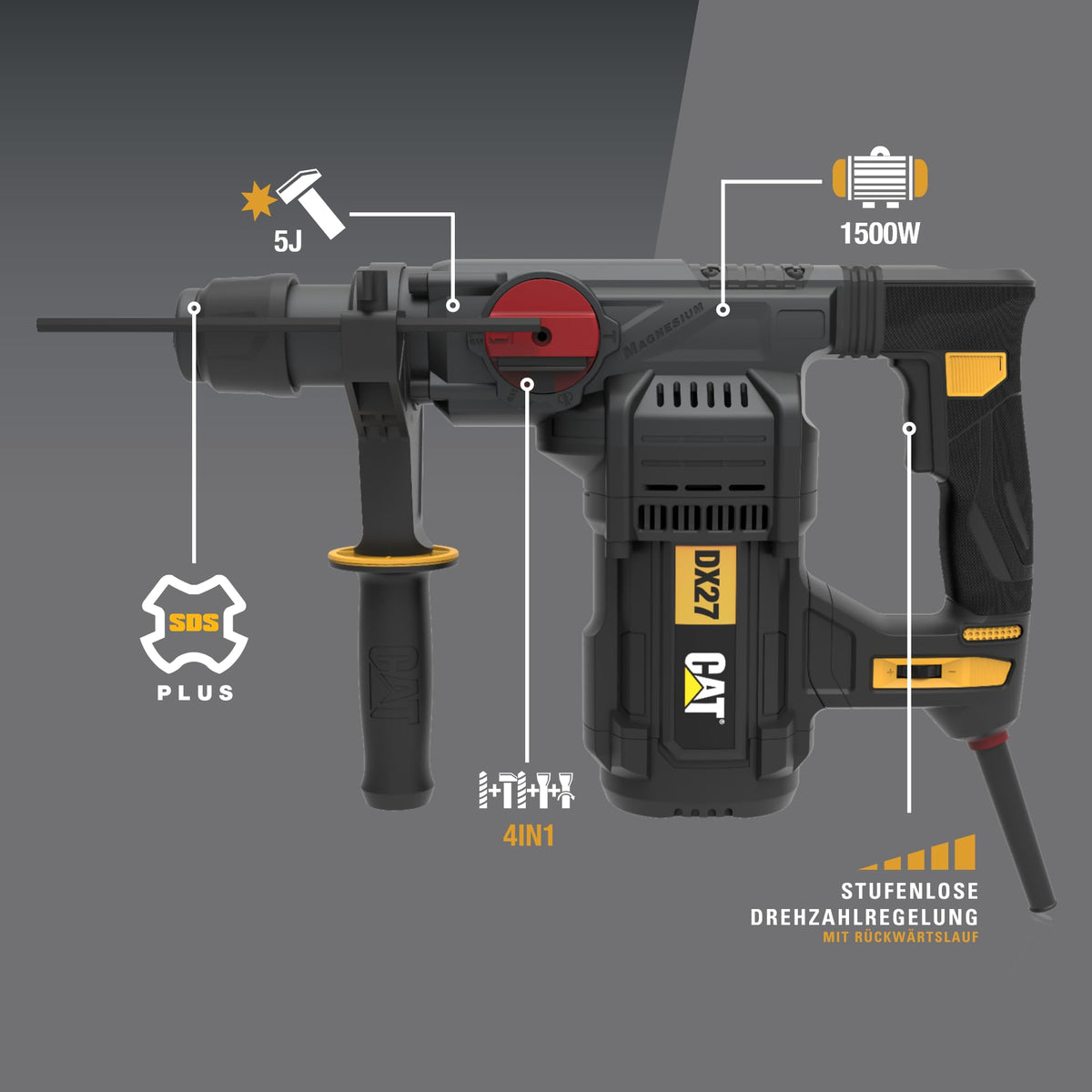 CAT DX27 Rotary Hammer 1500W, SDS-Plus, 5.0J Impact Energy, 32mm Drilling Capacity, 4 Functions, Anti-Vibration, Magnesium Gearbox (including Auxiliary Handle & Depth Stop) - DECATDX27